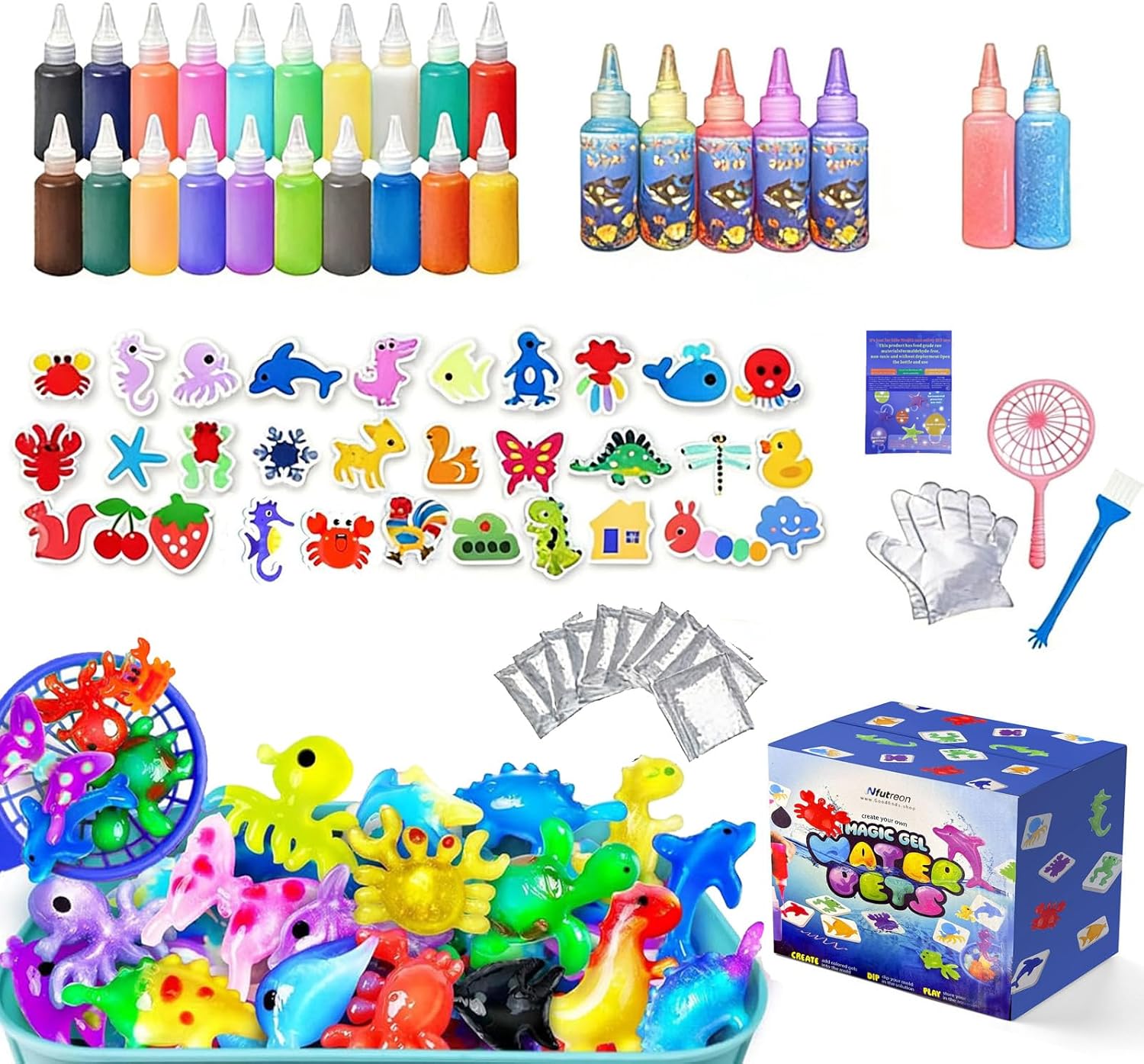 DIY Water Sprite Kit-Magic Aqua Fairy Water Gel Kit for Kids -Fun Soft Toys & Water Pets-Birthday Gifts & Party Gifts Favors for Boys and Girls Ages 3+（27Gels,31 Molds