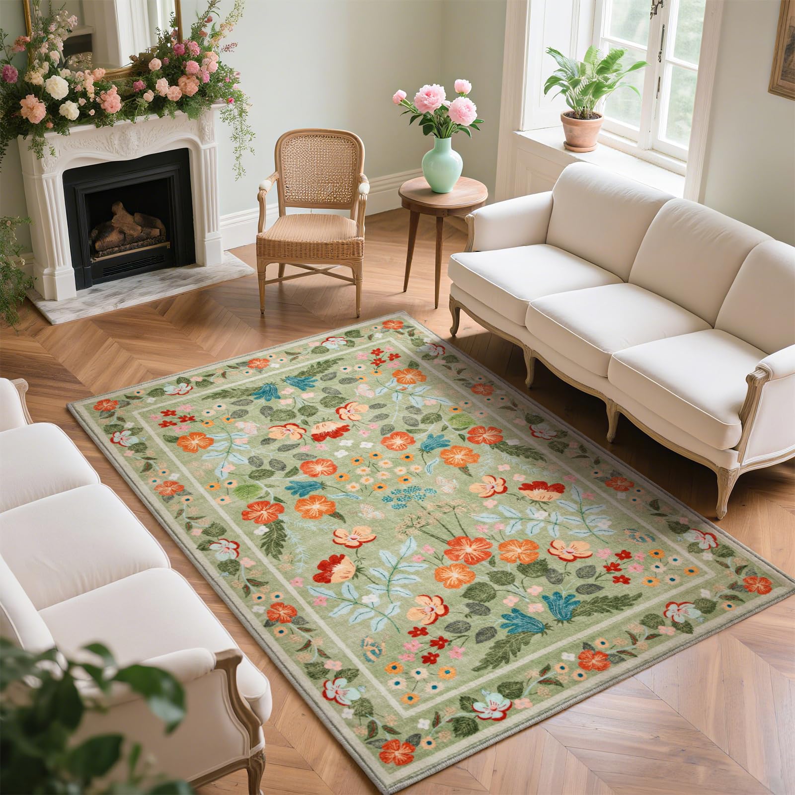 Asrug Flroal 5x7 Area Rugs for Living Room, Green Non Slip Rugs for Bedroom, Indoor Throw Dining Room Rugs for Under Table Carpet for Kitchen Office, Green, 5x7 Feet