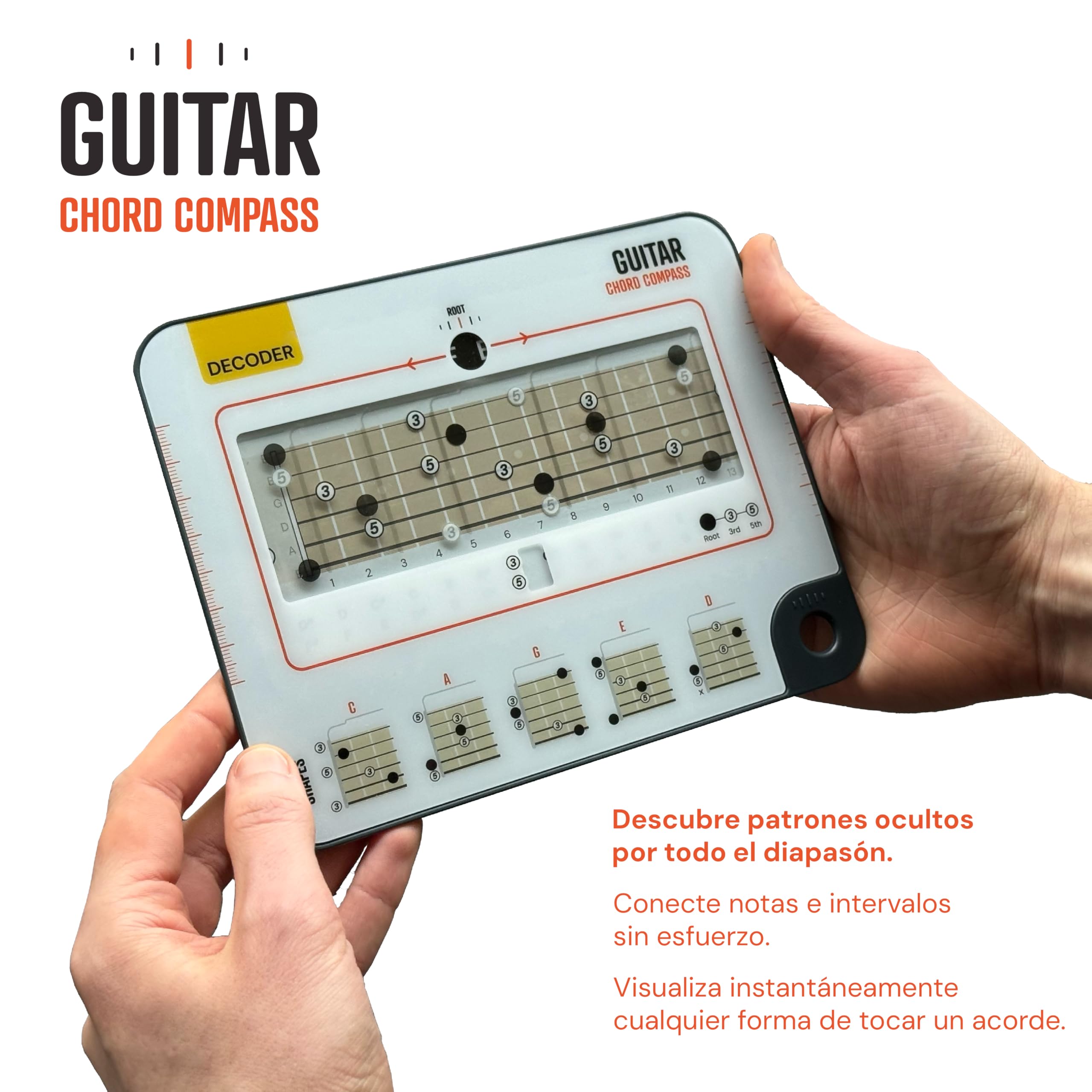 Brújula Deslizante de Acordes de Guitarra y Libro - Aprende el Sistema CAGED, Construye 1000+ Acordes en Cualquier Tono, Herramienta Decodificadora Visual del Diapasón y Libro de Teoría - Para