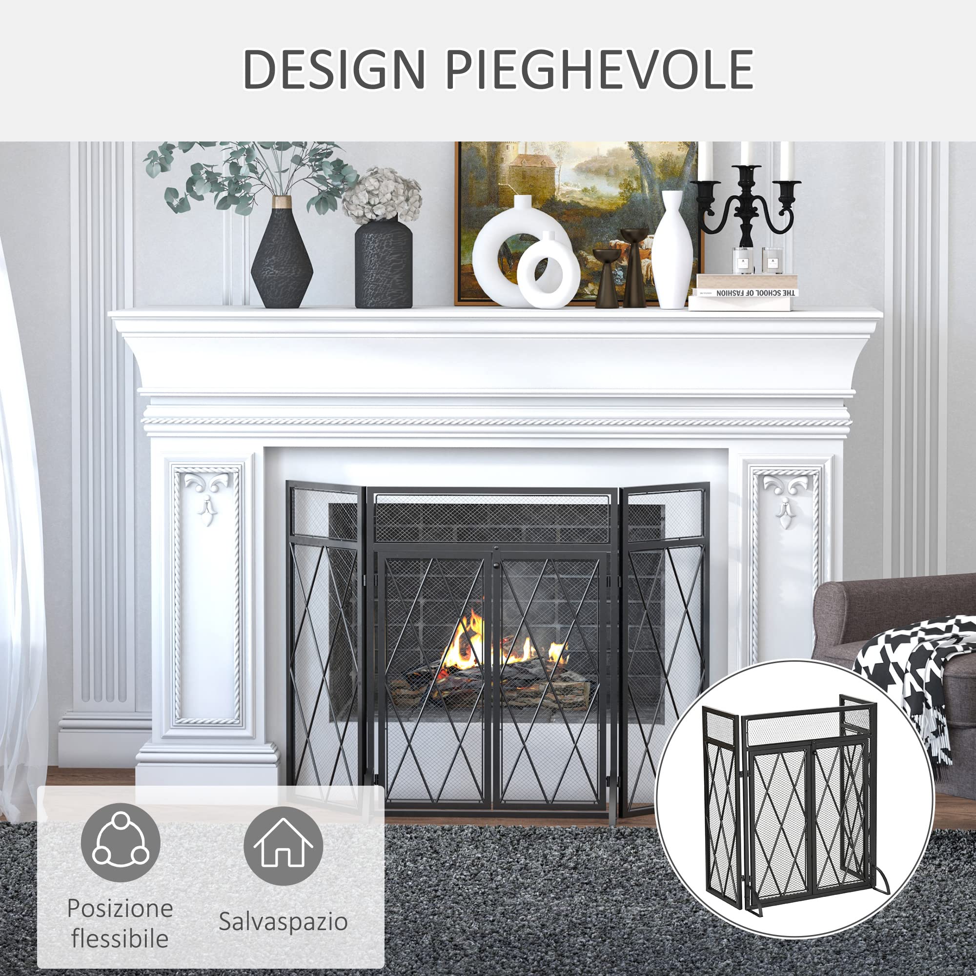 HOMCOM Parascintille per Camino in Metallo con 3 Pannelli Pieghevoli e 2 Porte, 120x11.5x79cm, Nero
