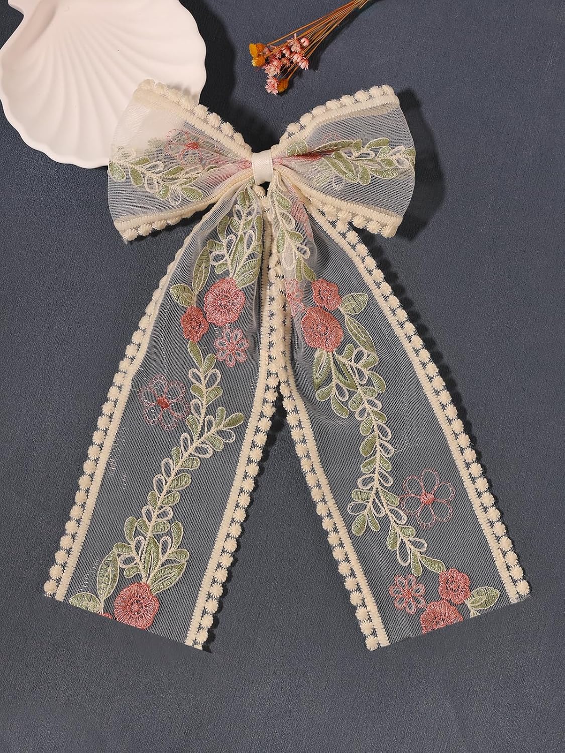 LFOUVRE Beige Lace Hair Bows with Embroidered Flowers - Bowknots, Barrettes, and Hair Clips with Long Tails for Women (3pcs)