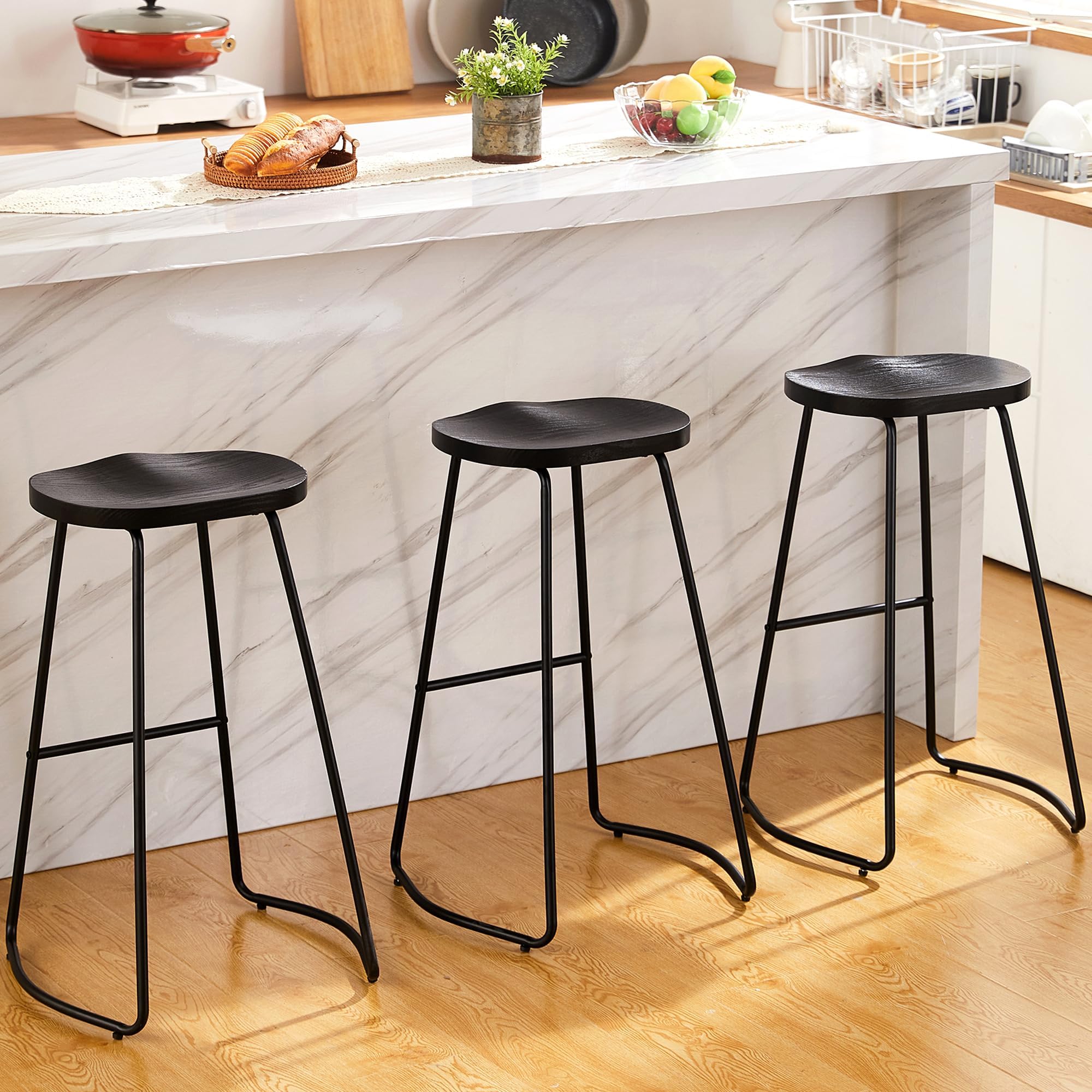 HeuGah Bar Stools Set of 3, Bar Height Wooden Bar Stools Saddle Seat, 30" Backless Barstool for Kitchen Island, Black Bar Stools Easy to Assemble (Black, 3 PCS 30Inch Barstool)