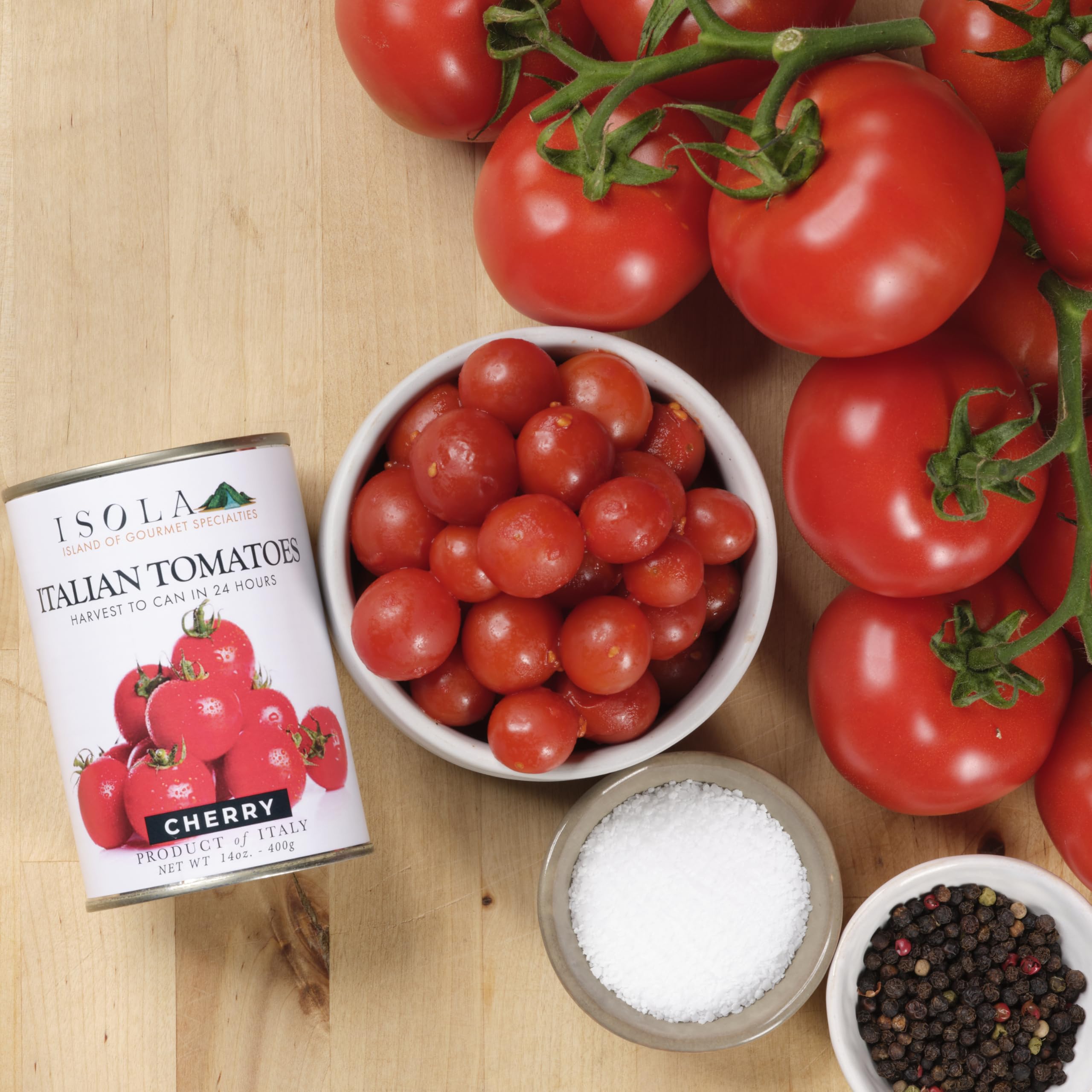 Isola Italian Cherry Tomatoes, 14 oz Can, Whole Tomatoes Grown in Southern Italy, Packed in Juice with Sweet and Acidic Balance, No Salt or Preservatives, Ideal for Sauces and Roasting