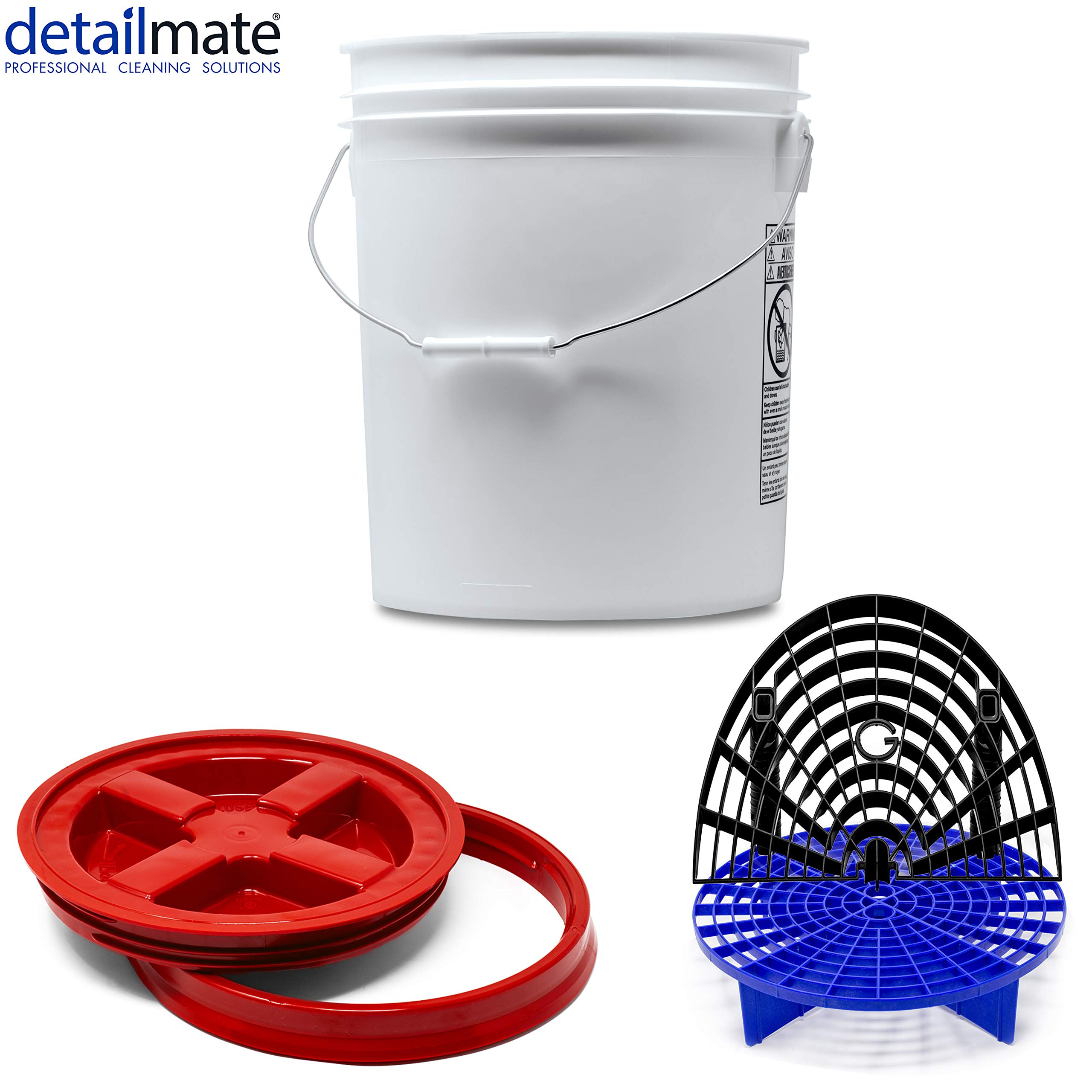 Detailmate professionelles Wasch Eimer Set: Magic Bucket Wascheimer 5 GAL (ca. 20 Liter), Gamma Seal Eimerdeckel rot, GritGuard Schmutz Einsatz blau, GritGuard Washboard schwarz