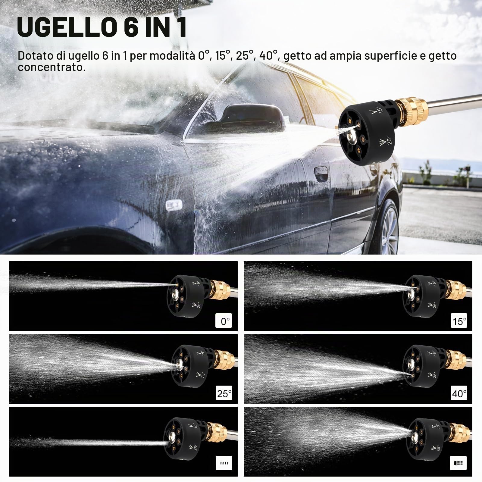 Idropulitrice portatile ad alta pressione, potenza 140 W con ugello 6 in 1, tubo ad alta pressione da 5 m, adattatore universale per rubinetto e bottiglia per auto, bicicletta, terrazza