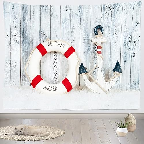 Miniatura 6 de BELECO Telón de fondo náutico decorativo de tela de 7 x 5 pies, ancla de madera blanca, fondo de madera para marinero, cumpleaños, fotografía, telón