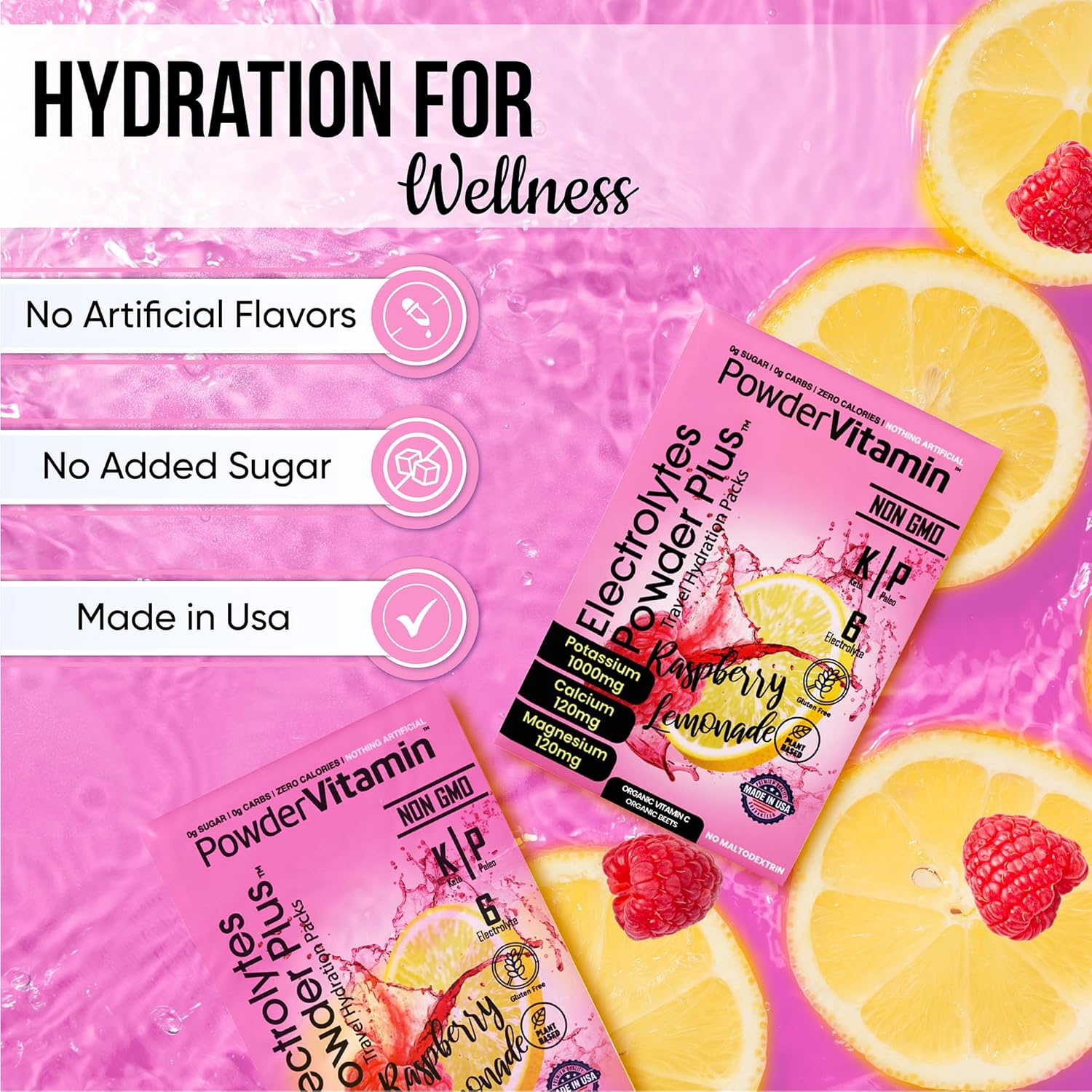 PowderVitamin Electrolytes Powder Plus, Keto, Raspberry Lemonade, Sugar Free, 1000mg Potassium, 120mg Calcium, 120mg Magnesium, Non-GMO, Zero Calories, 30 Hydration Packets