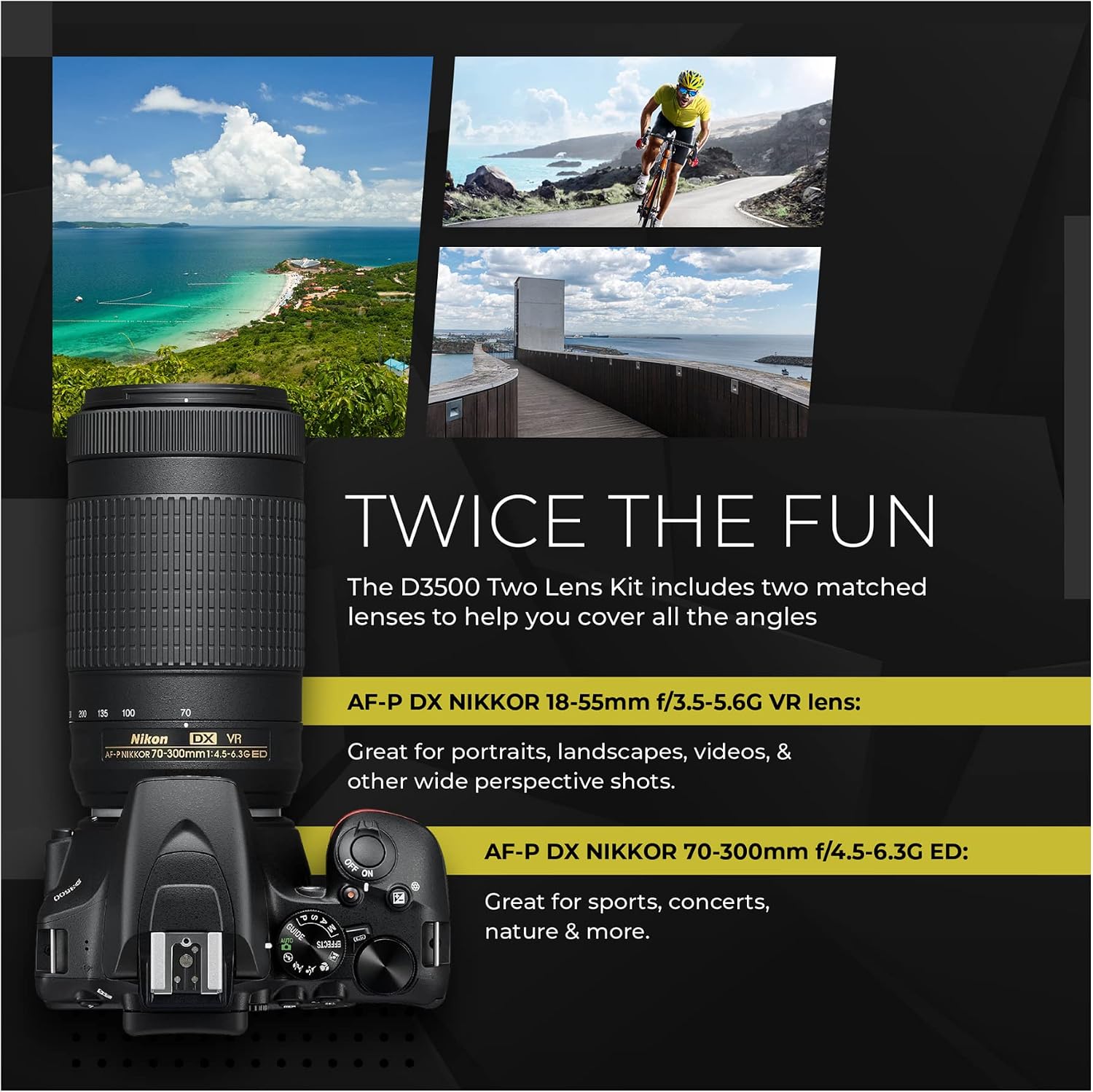 Nikon D3500 DSLR Camera with AF-P 18-55mm and 70-300mm Zoom Lenses Bundle with 64GB Card and Accessories (7 Items)