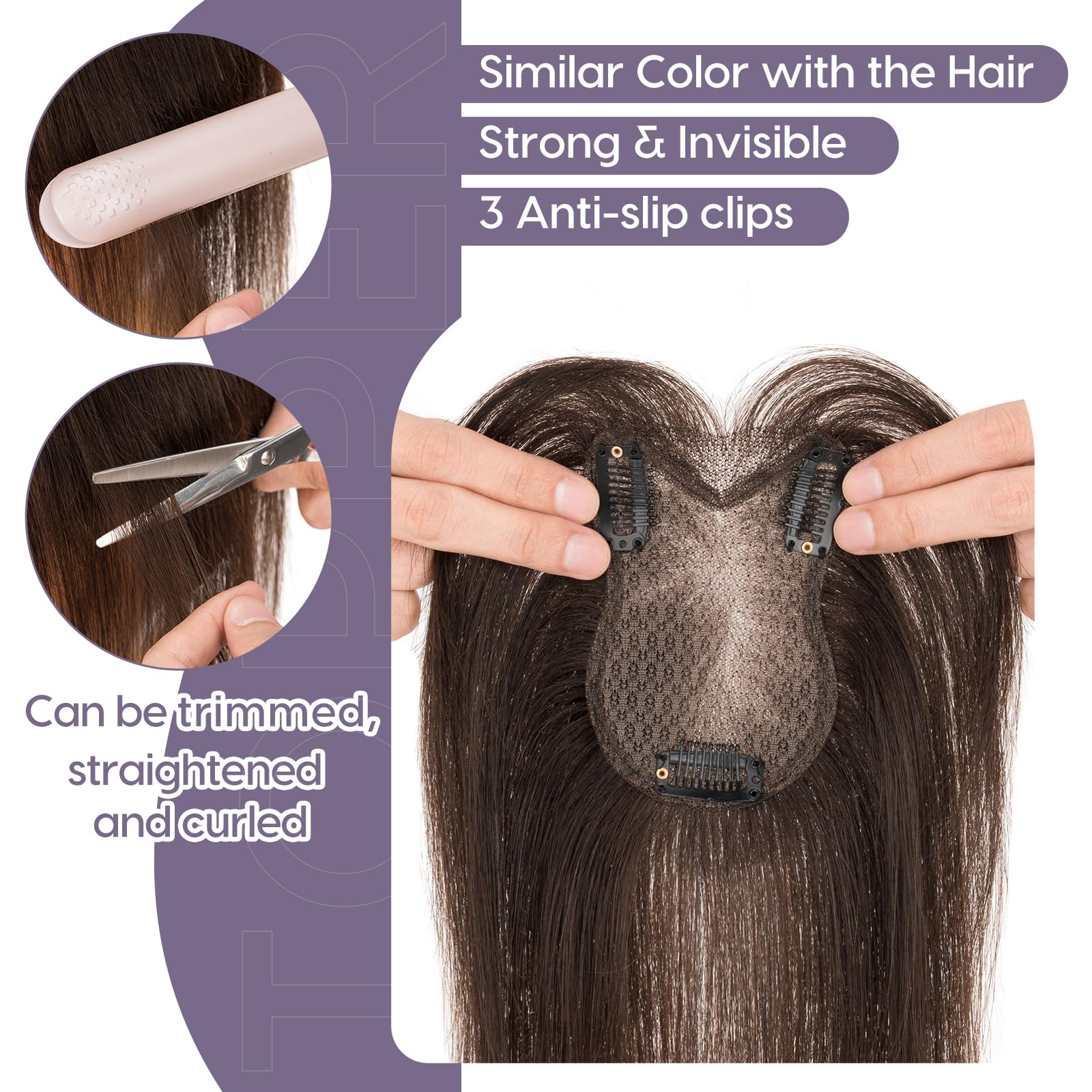 S-noilite Hair Toppers for Women Human Hair 8x11cm - Silk Base Human Hair Topper with bangs for thinning hair 21g Dark Brown #2-11" - Image 4