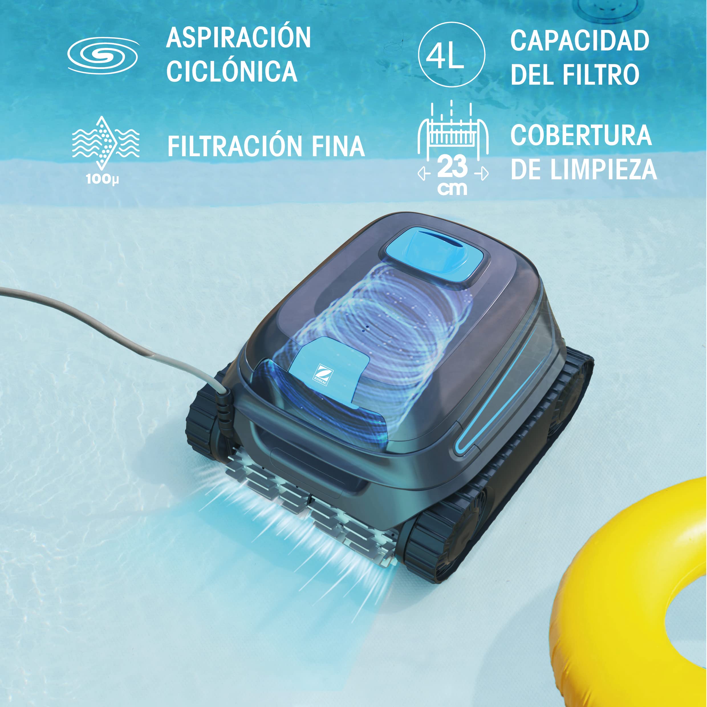 Limpiafondos CNX 10 de Zodiac para Piscinas de hasta 9 x 4 m. Limpia Suelo, Paredes y línea de Agua. Aspiración ciclónica, Agilidad integrada. Incluye Cable de 15 m y filtración Fina