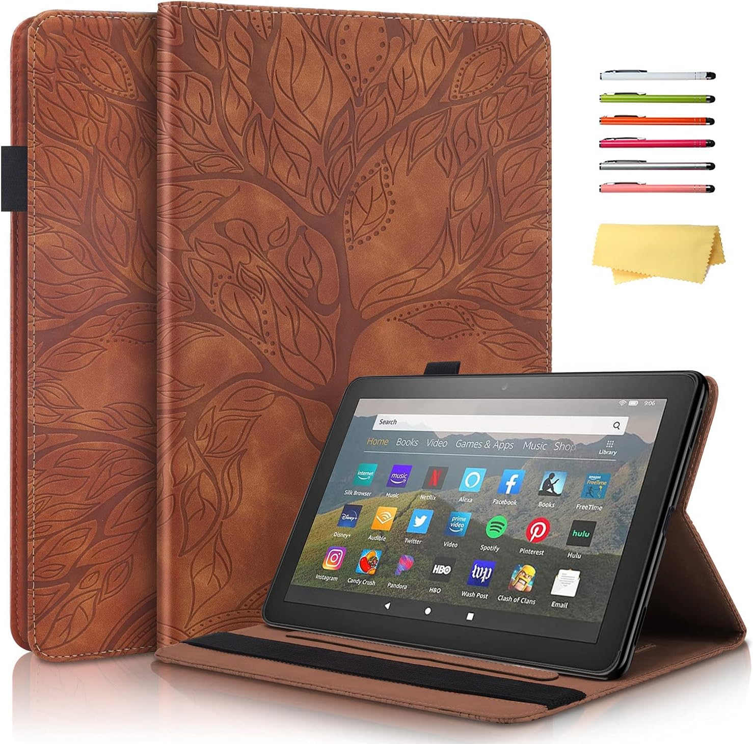 UUcovers Case for 10.1" Kindle Fire HD 10 (Only Fits 11th Gen,2021 Release) & Fire HD 10 Plus (11th Gen) with Pencil Holder Pocket Elastic Band Folio Stand Magnetic PU Leather Cover, Brown Lucky Tree