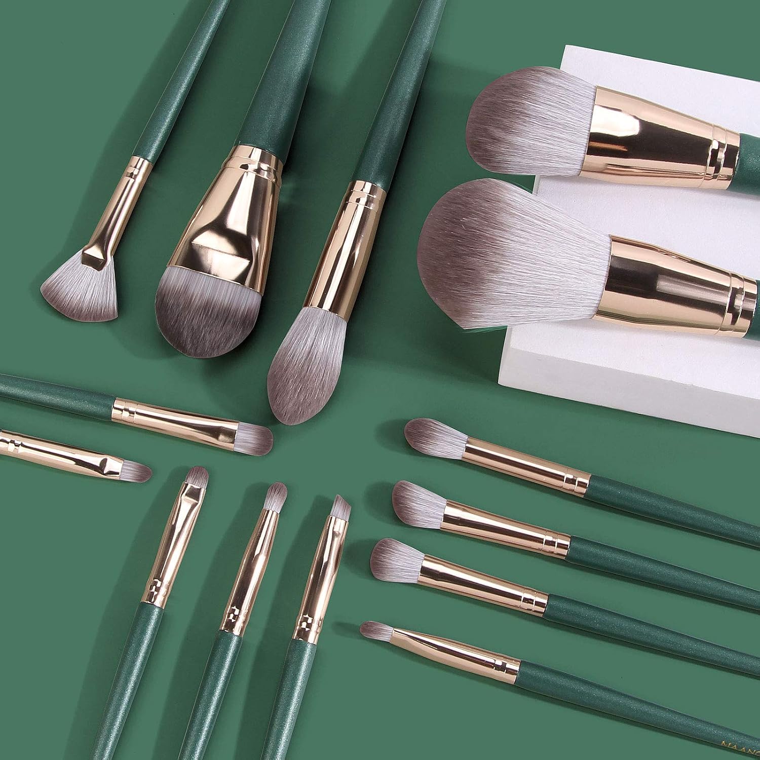 Makeup Brushes 14 Pcs, Professional Travel Make up Brushes Set with Holder, Foundation Eyeshadow Blush Concealer Powder Makeup Brush with Case Set (Green)
