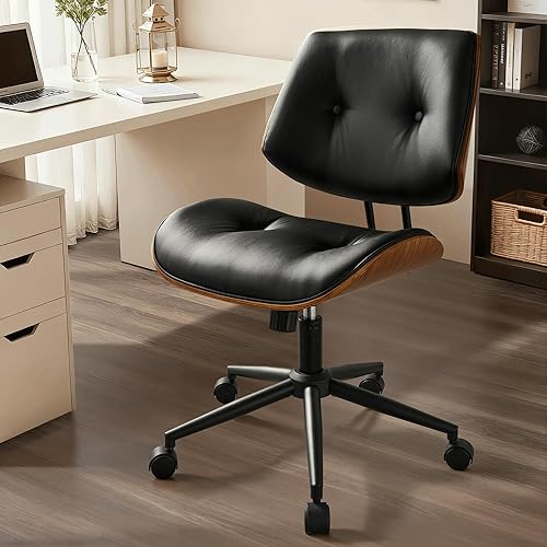 ovios Silla de oficina en casa con ruedas, moderna silla de escritorio giratoria de piel sintética, respaldo medio, altura ajustable, sillas de
