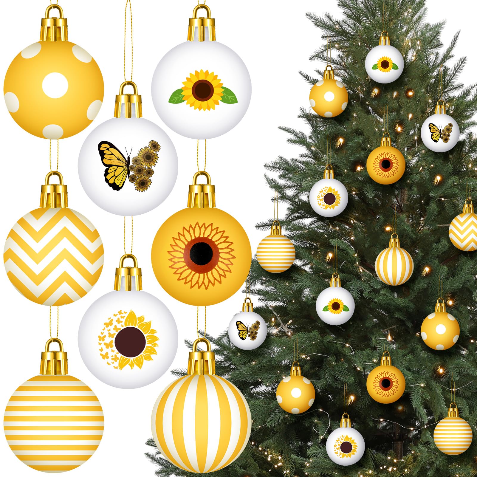 Barydat 24 Pcs Sunflower Ornaments for Tree Summer Balls Hanging Ornaments Decor Glitter Yellow White Sunflower Tree Decorations Daisy Sunflower Themed Party Supplies for Wedding Baby Shower Holiday