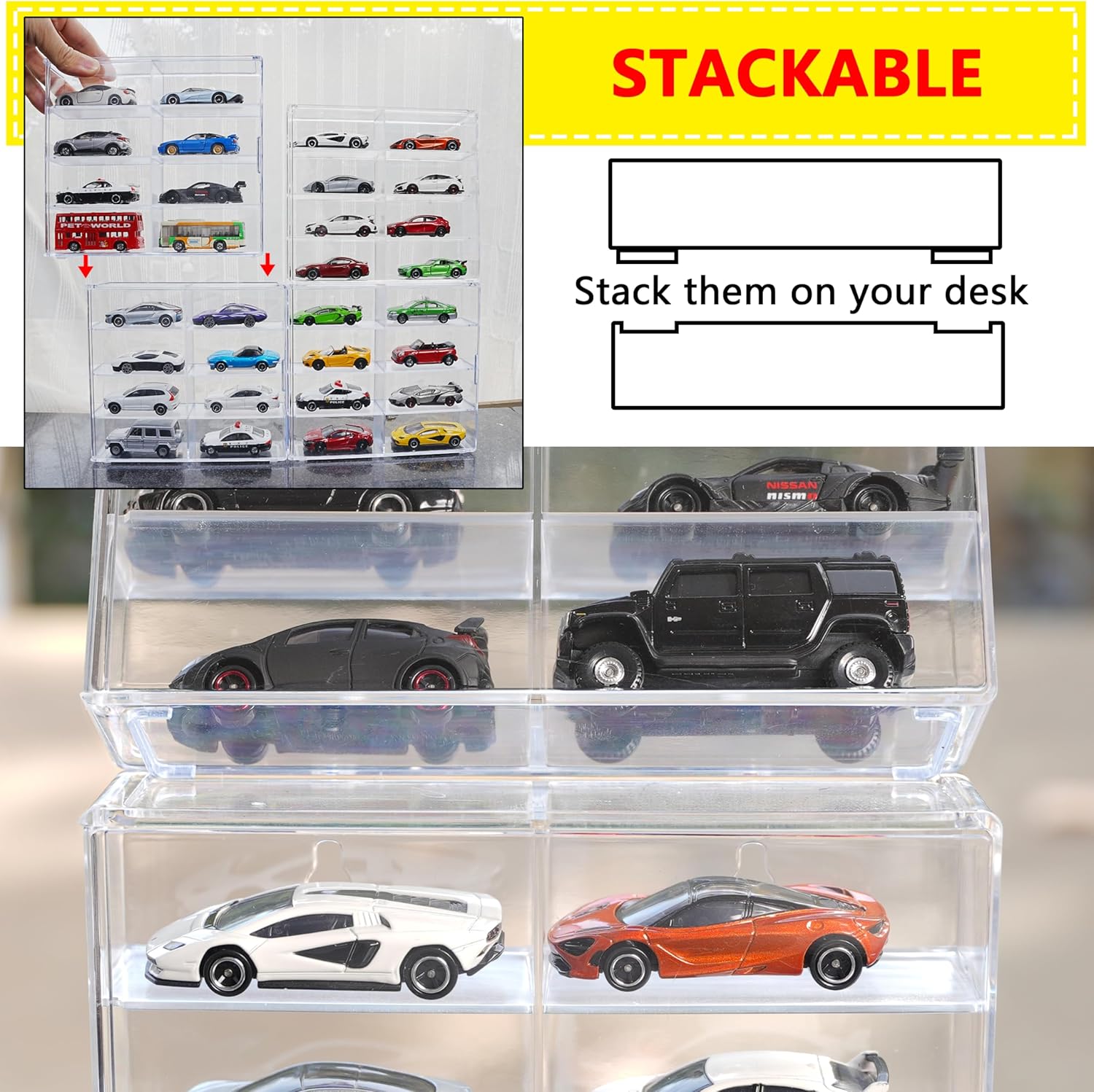 Display Case for 32 Hot Wheels,Matchbox Cars,Display Case Wall Mount,Transparent Storage Case for 1/64 Diecast Cars,Wall Hanging,Stackable,Clear,Dustproof