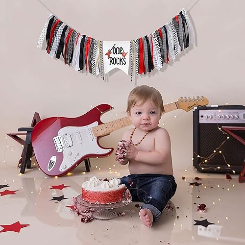 Miniatura 4 de Cartel para silla alta con texto en inglés One Rock para silla alta de niño con guitarra, decoración de fiesta de rock and roll de los años 50,