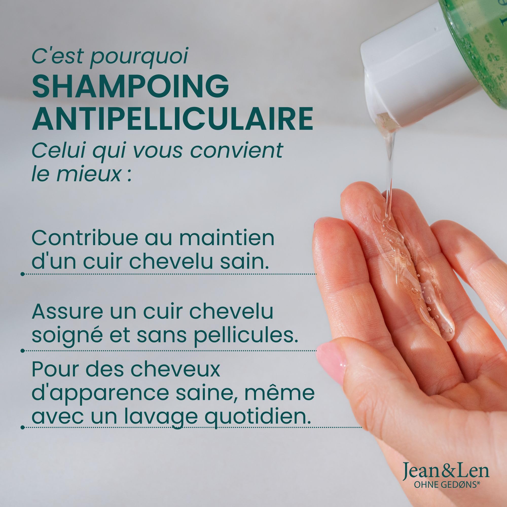 Jean & Len Shampooing antipelliculaire Thym & Menthe, formule végane, à la piroctone olamine, contre les pellicules, pour un usage quotidien, sans parabènes & silicones, végane, 300 ml