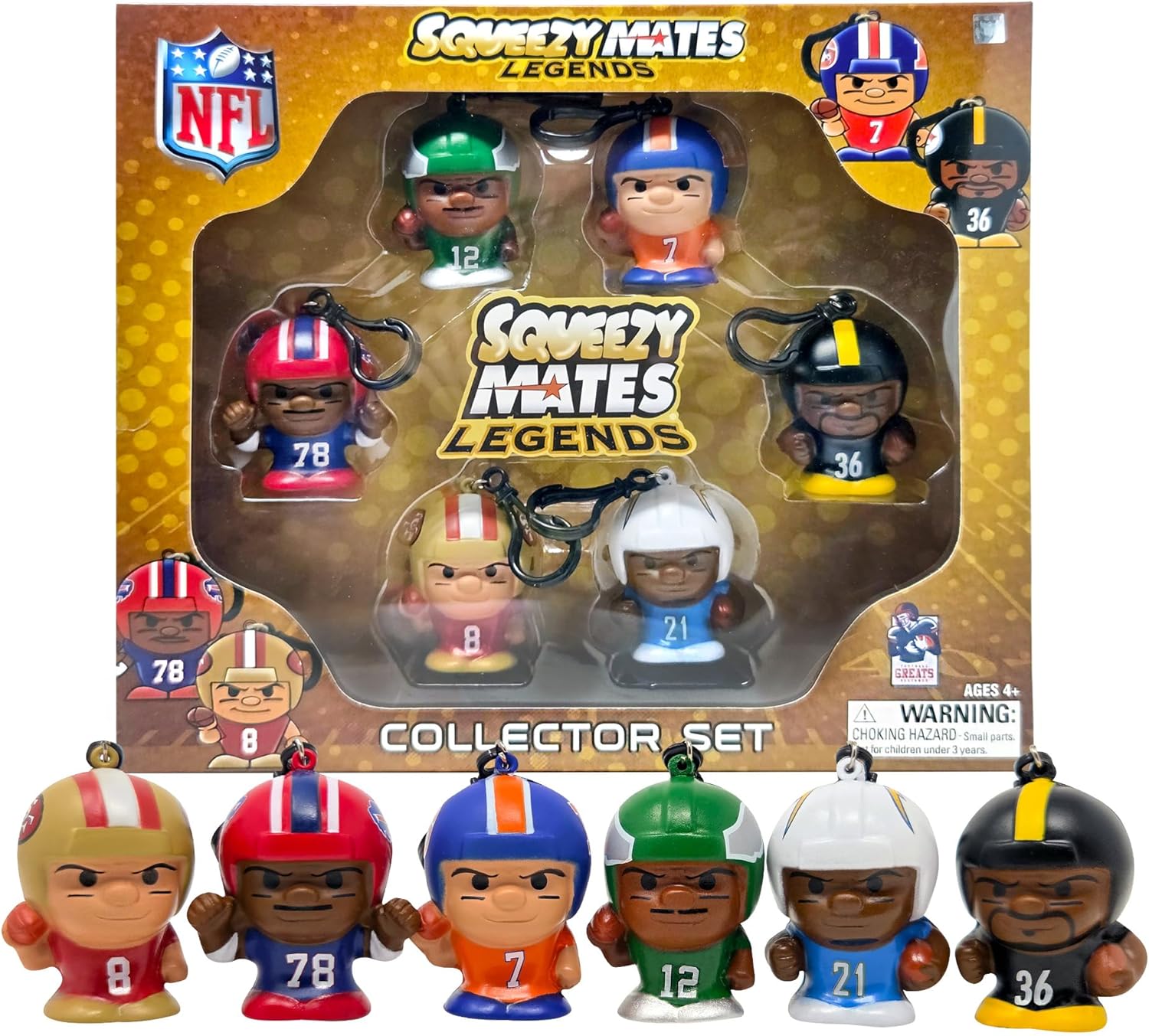 Party Animal SqueezyMates NFL Football Gift Set, 6 Slow Rise Squishy Toys, Series 3 Football Legend Squeezy Figures with Carabiner Clips, for Kids & Fans