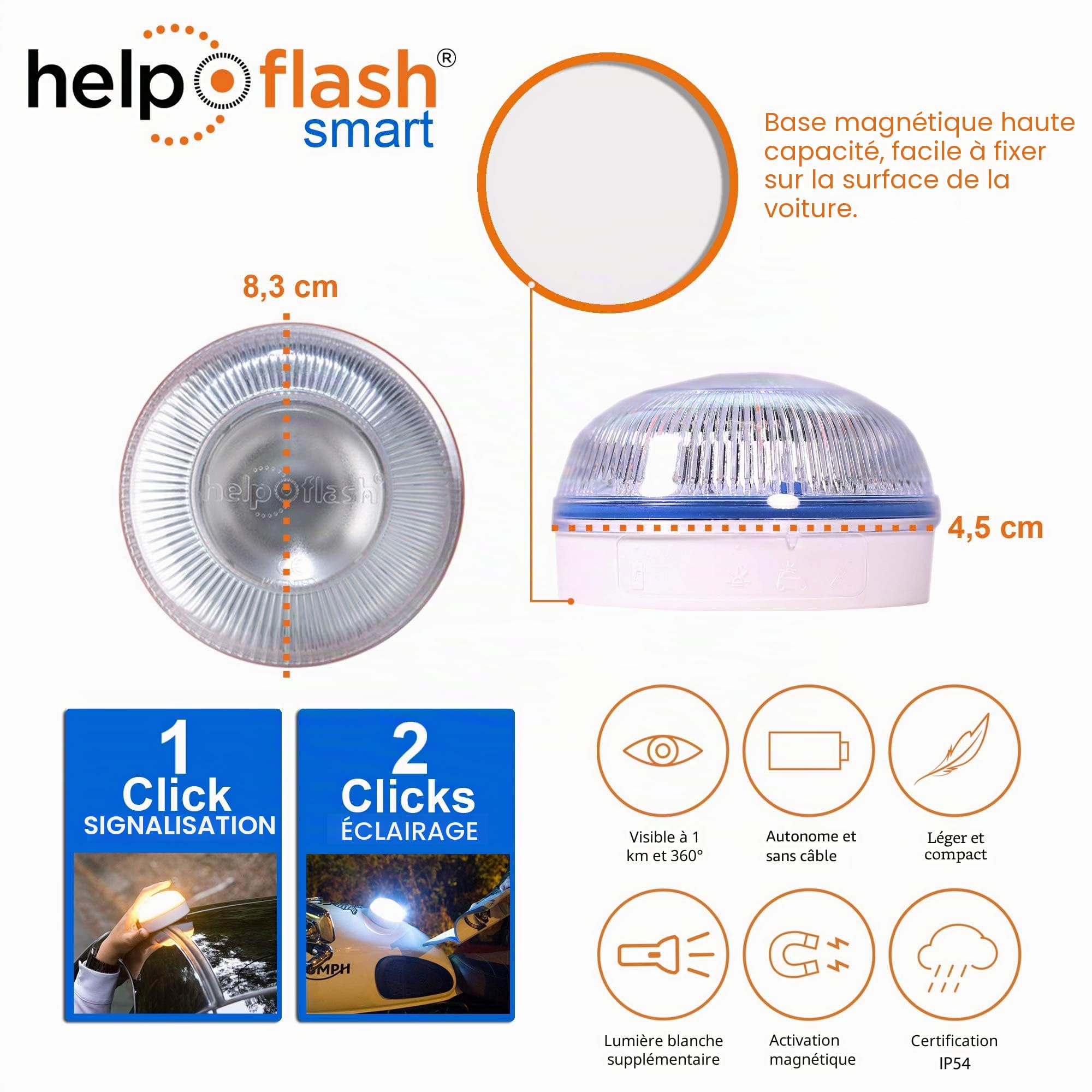 FlashLED SOS Lumière d'urgence V 16 connectée homologuée DGT 3.0 Obligatoire, SIM, Service de données Inclus jusqu'à 2038, Base aimantée, résistance IP54 + Help Flash Smart connectivité Incidence App