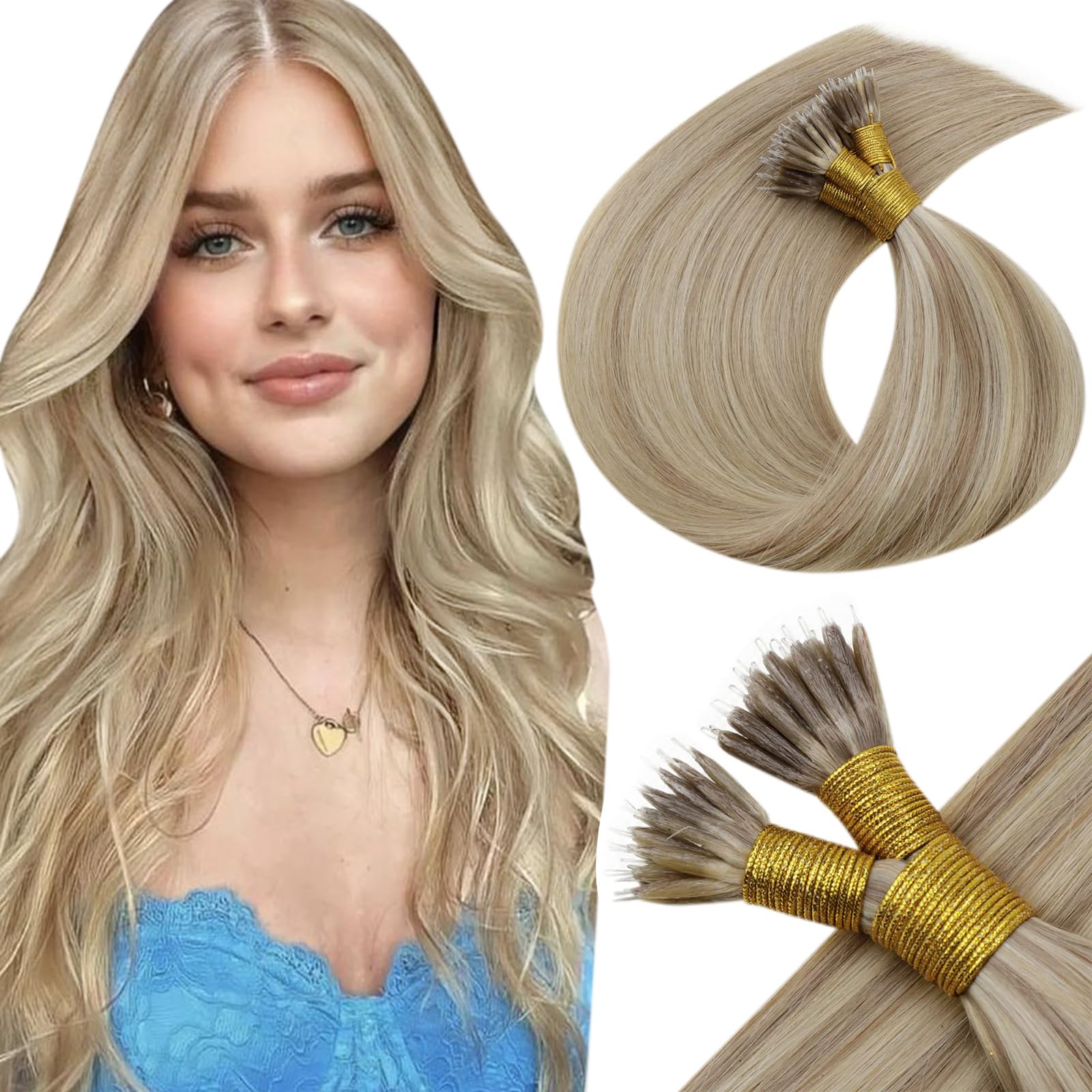 LaaVoo Nano Hair Extensions Real Human Hair Blonde Nano Beads Hair Extensions 22 Inch Highlight Golden Blonde Invisible Nano Ring Straight Remy Hair 50g 50s #16/22