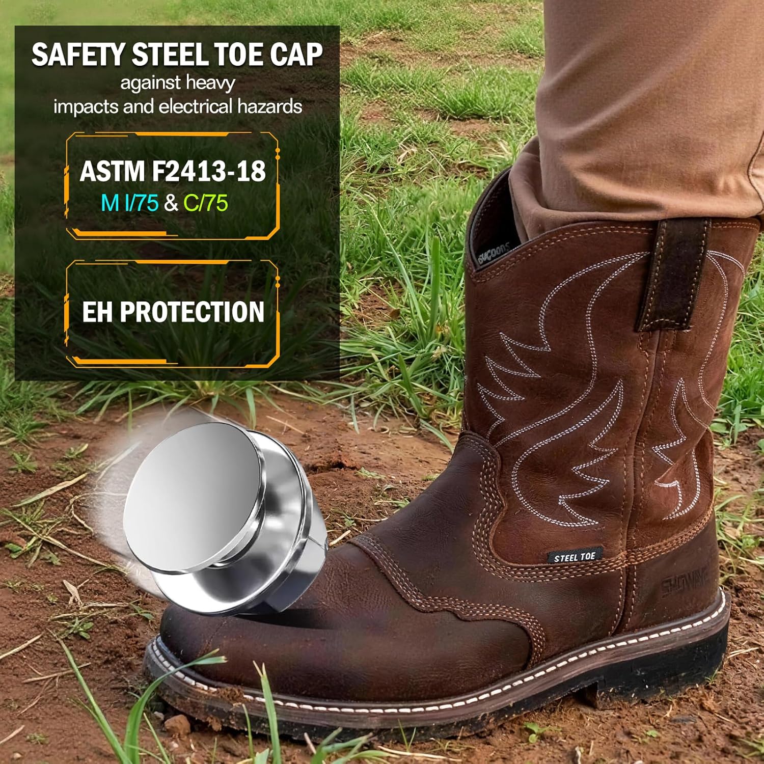 Showave Steel Toe Cowboy Boots for Men Western Square Toe Work Boot Full-grain Leather Safety Boots with Hazard Protection for Construction Manufacture Farming - Image 4