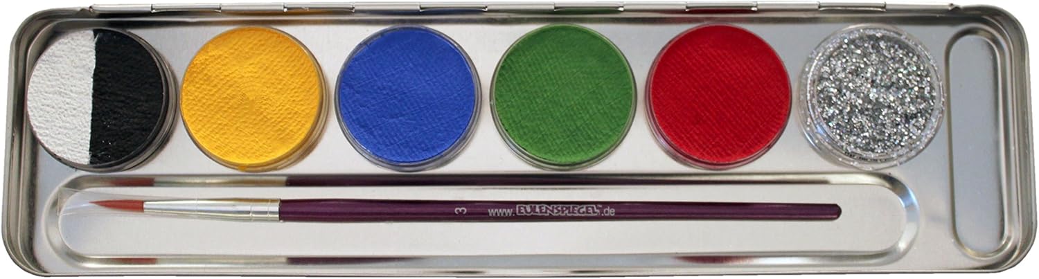 Eulenspiegel 206201 Cosmetic Make Up Palette Metal Split Cake Glitter, Paint Brush and 6 Colours