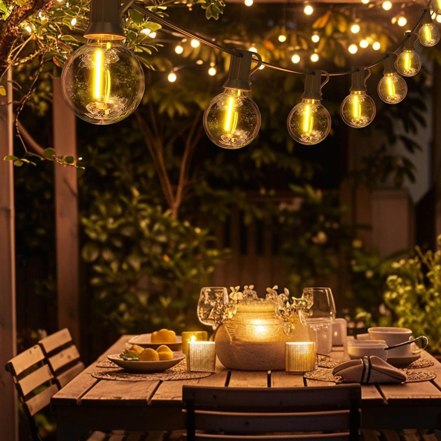 Calex Vibey string lights installed in an outdoor garden setting