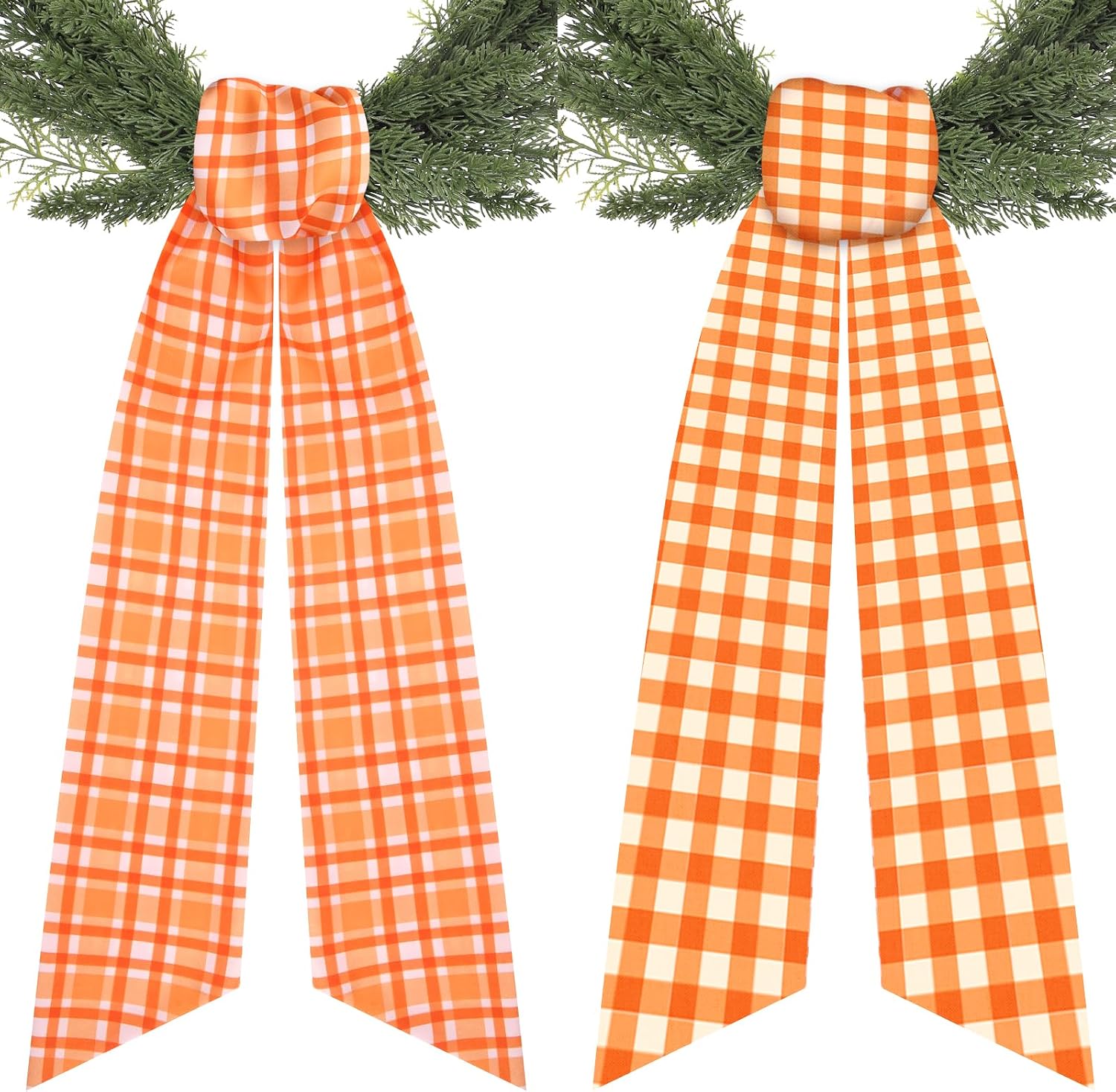 Orange Fall Wreath Sash for Front Door Farmhouse Thanksgiving | 2 Pcs, Plaid, 60 Inch, DIY Embroidery, Autumn
