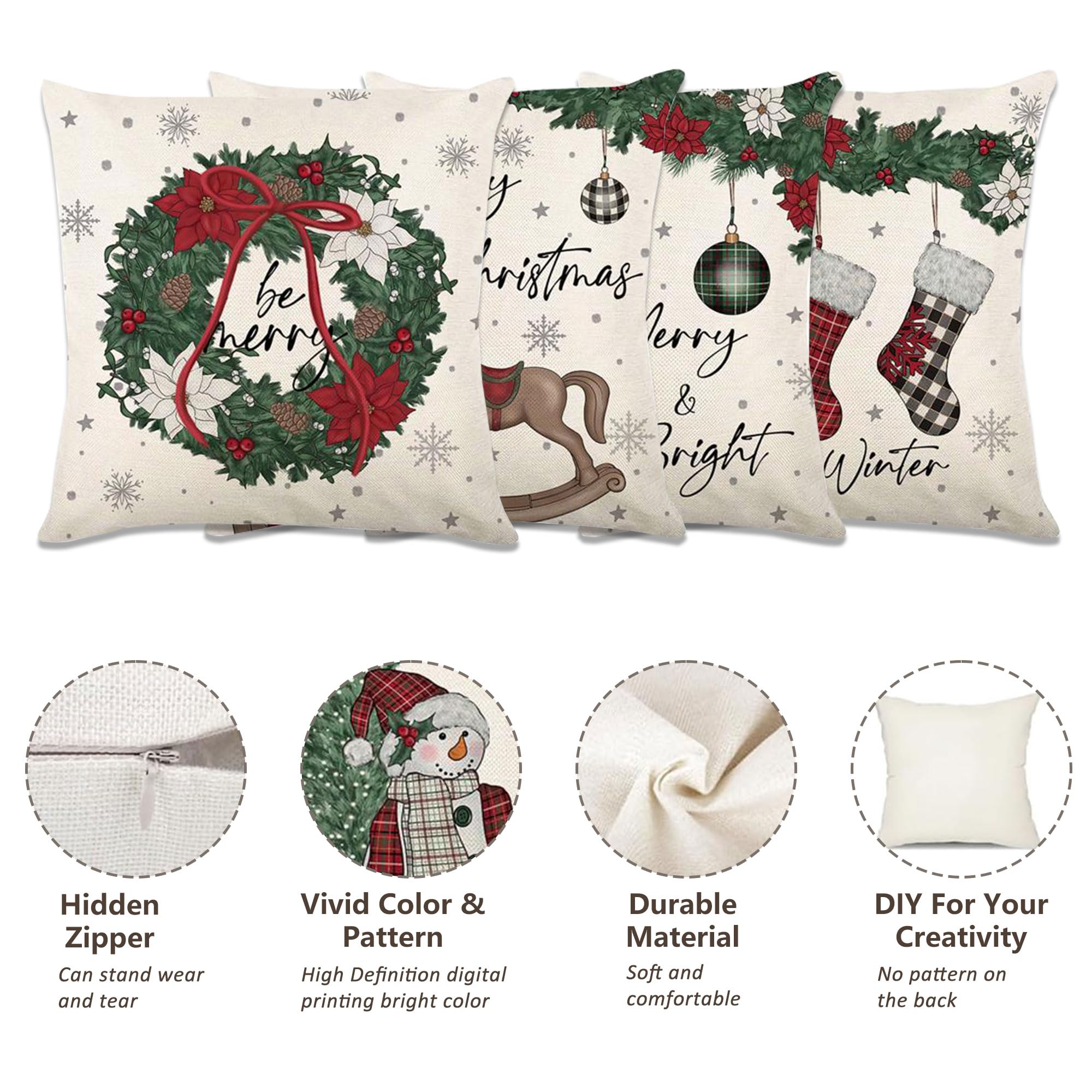 Set di 4 federe per cuscini natalizi, 45 x 45 cm, ghirlanda di Natale, cavallo, pupazzo di neve, calza di Natale, decorazione invernale per divano