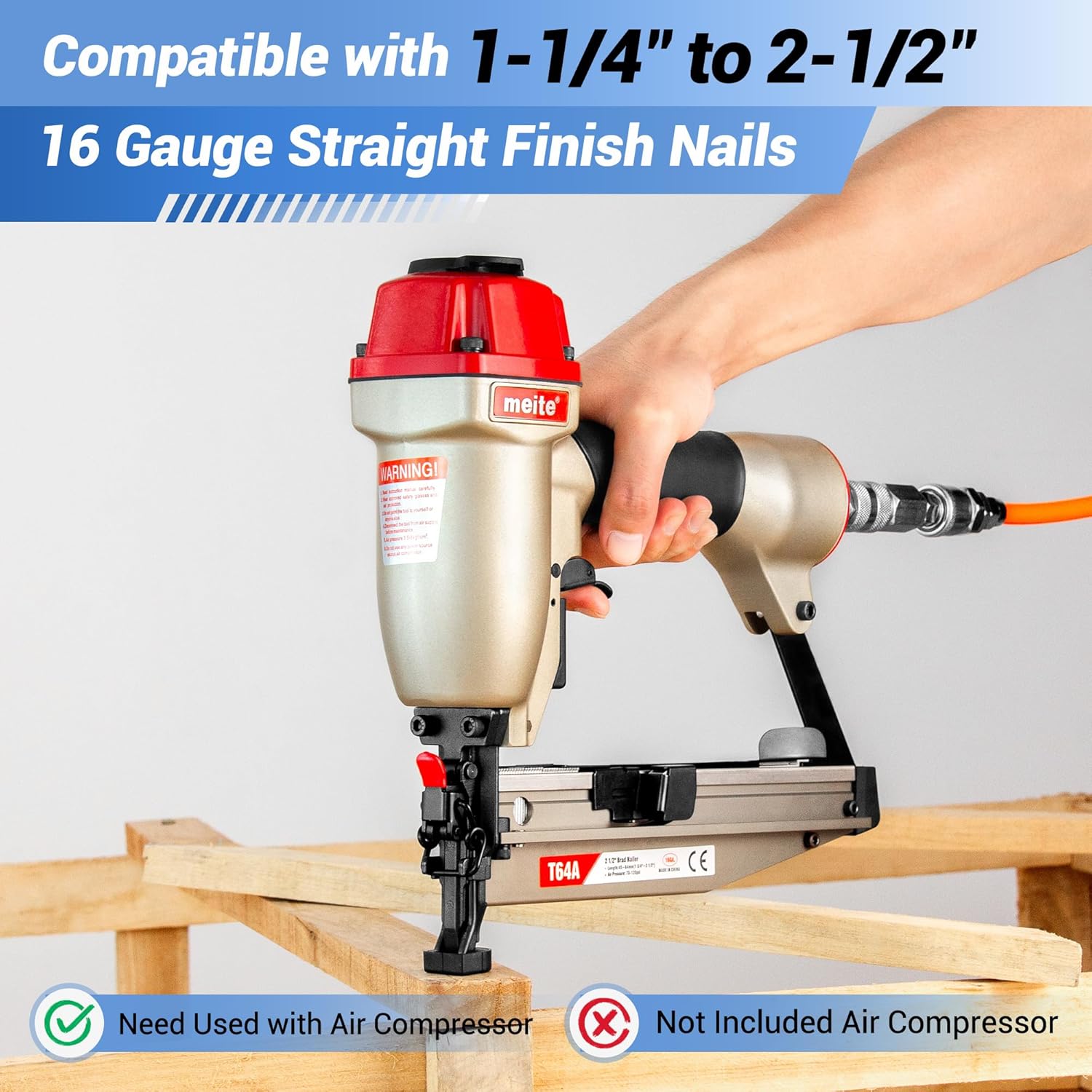 meite T64A 16 Gauge Finish Nailer with 500PCS Nails (1"), Pneumatic Finish Nail Gun, Fits 16 Gauge Finish Nails 1-1/4" up to 2-1/2", Safety & Quick Release Nose, Lightweight Finishing Nail Gun