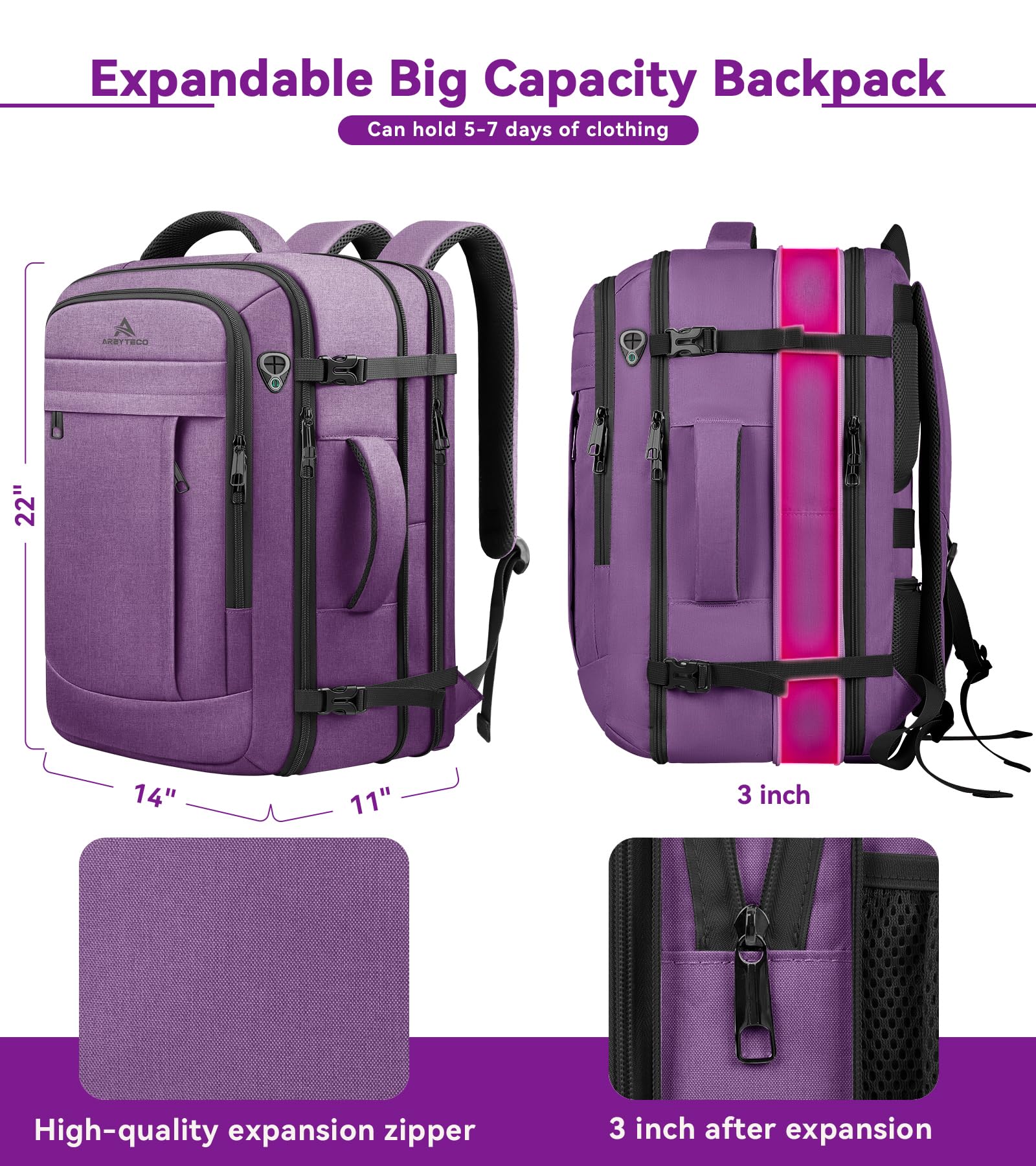 AREYTECO Mochila de mano de 55 L para mujer, mochila extragrande para