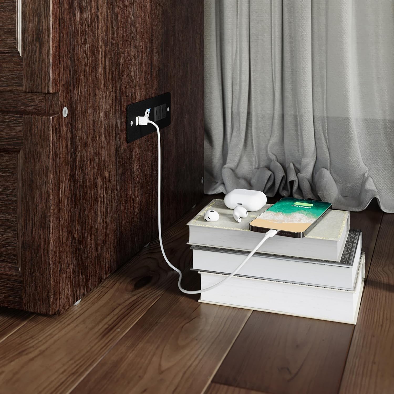 AFI, Northfield Murphy Bed Chest Queen with 6" Mattress, Storage Drawer & Built-in USB Charger, Burnt Amber