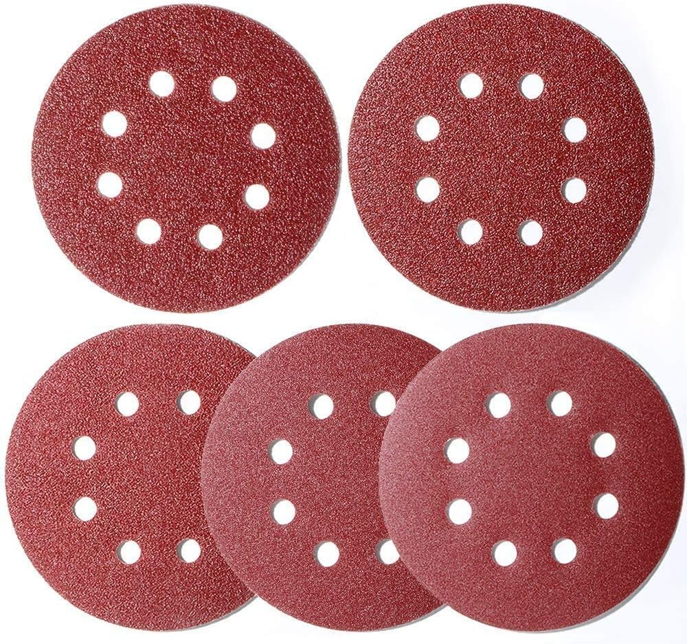 100pcs 125mm Sanding Discs, (40/60/80/120/180 Mixed Grit aluminium oxide hook and loop) for Orbital Sander, 8 hole dust extraction, for wood metal paint removal, firm grip backing