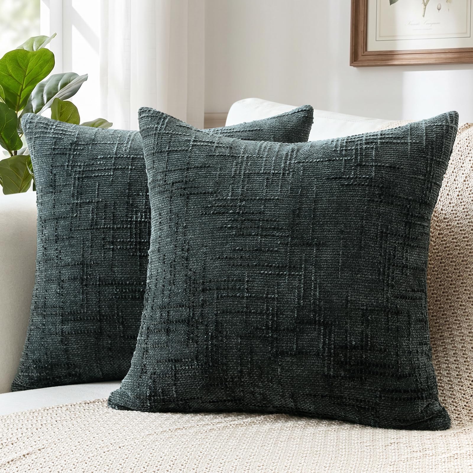 Sungeek Pack of 2 Chenille Textured Cushion Covers 40x40cm, Farmhouse Solid Dyed Throw Pillow Case Cover, Decorative Square Cushion Case for Home Decor Couch Sofa Bed Living Room, Dark Grey โ image 1