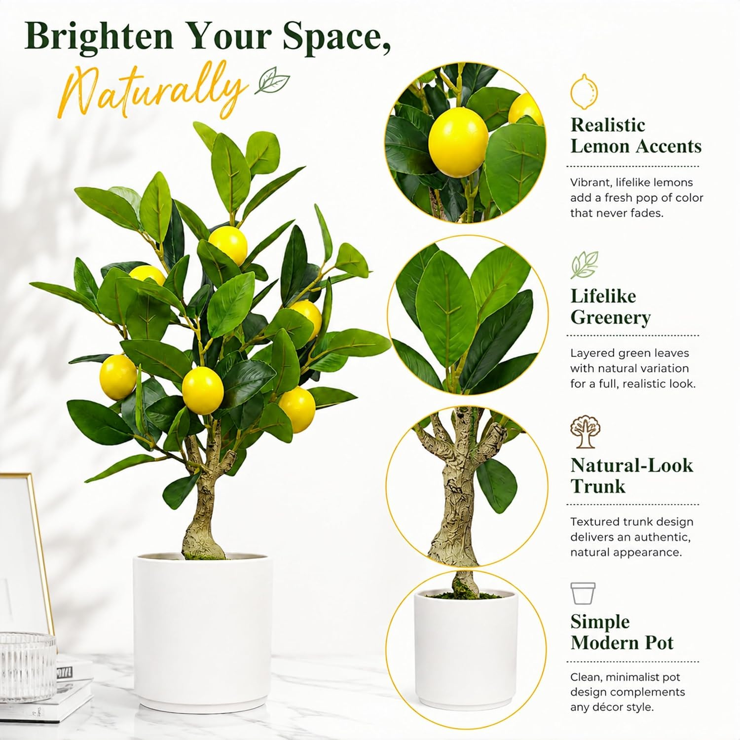 Artificial Lemon Tree 20.5 Inches Tall, Fake Potted Citrus Plant | Lemons and White Pot, Faux Fruit Plant Medium Fake Houseplant for Indoor Home Office Desk Room Table Decor