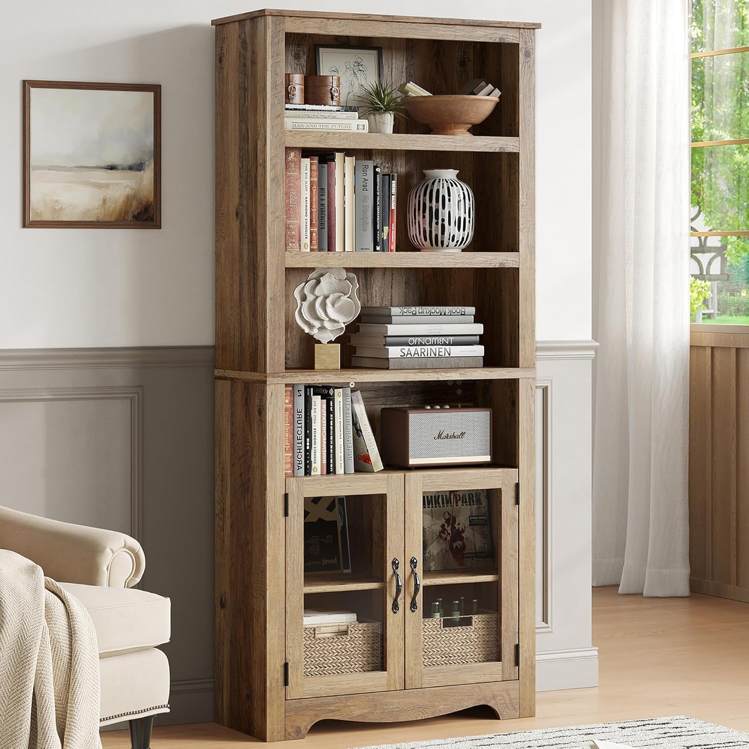 LINSY Bookshelf with Doors, 6 Shelf Bookcase Tall Bookshelves, 73" Farmhouse Book Shelf with Storage Cabinet, Wood Book Shelves for Living Room, Bedroom, Office, Rustic Brown