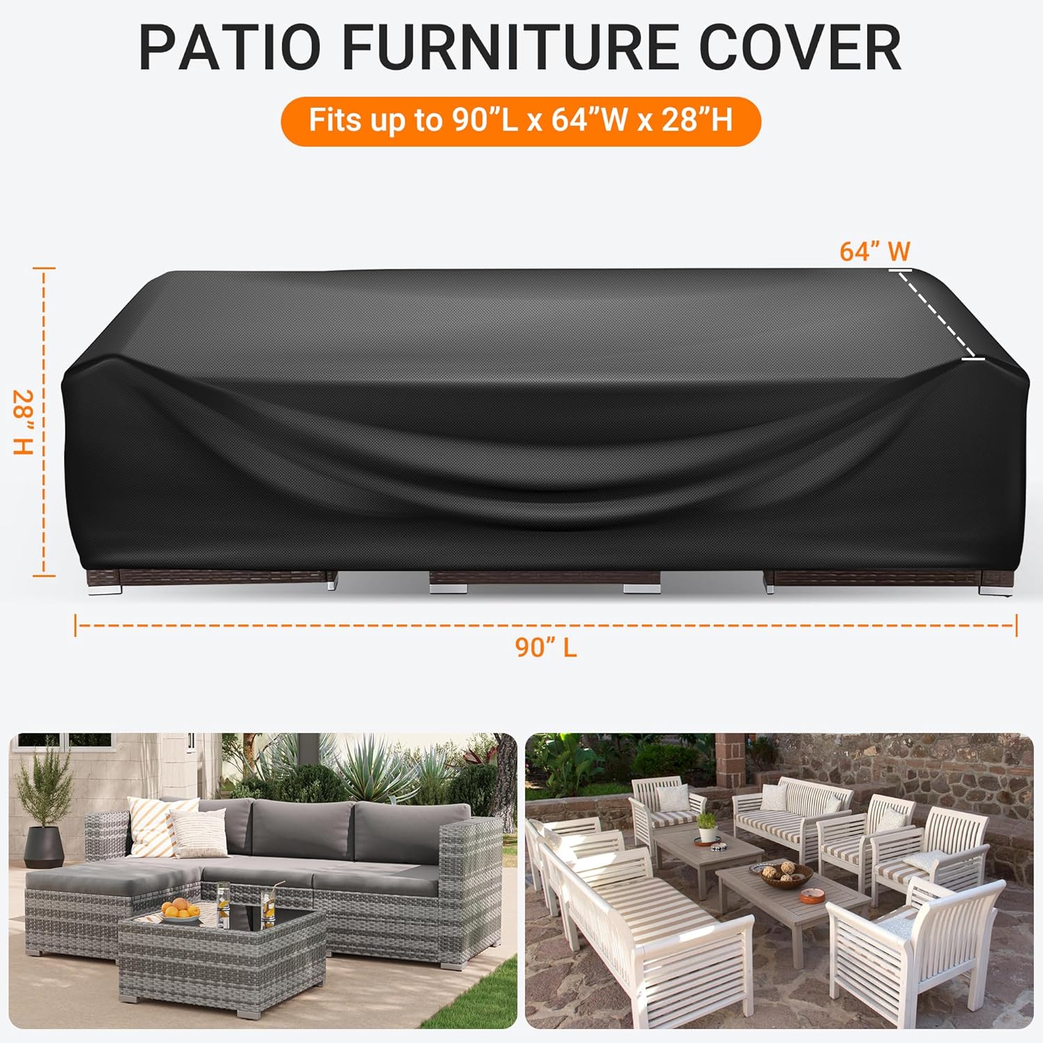 WLEAFJ Patio Furniture Covers Rectangle, Outdoor Table Covers Waterproof, Heavy Duty Outdoor Furniture Cover, Patio Sectional Set Cover 90" L x 64" W x 28" H, Black - Image 2
