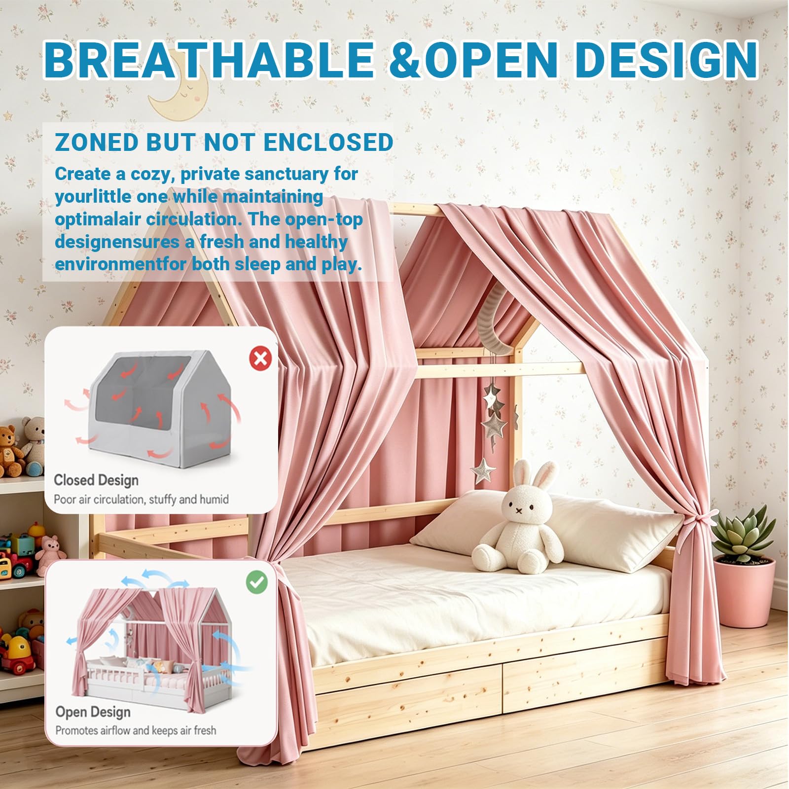 Ciel de Lit Cabane avec 2 Pièces Rideaux Lit-Cabane Enfant, Rideau Lit Cabane, Baldaquin Style Cottage, Baldaquin Ciel en Tissu de Maison Chambre pour Fille Garçon 67 x 270 cm (Rose)