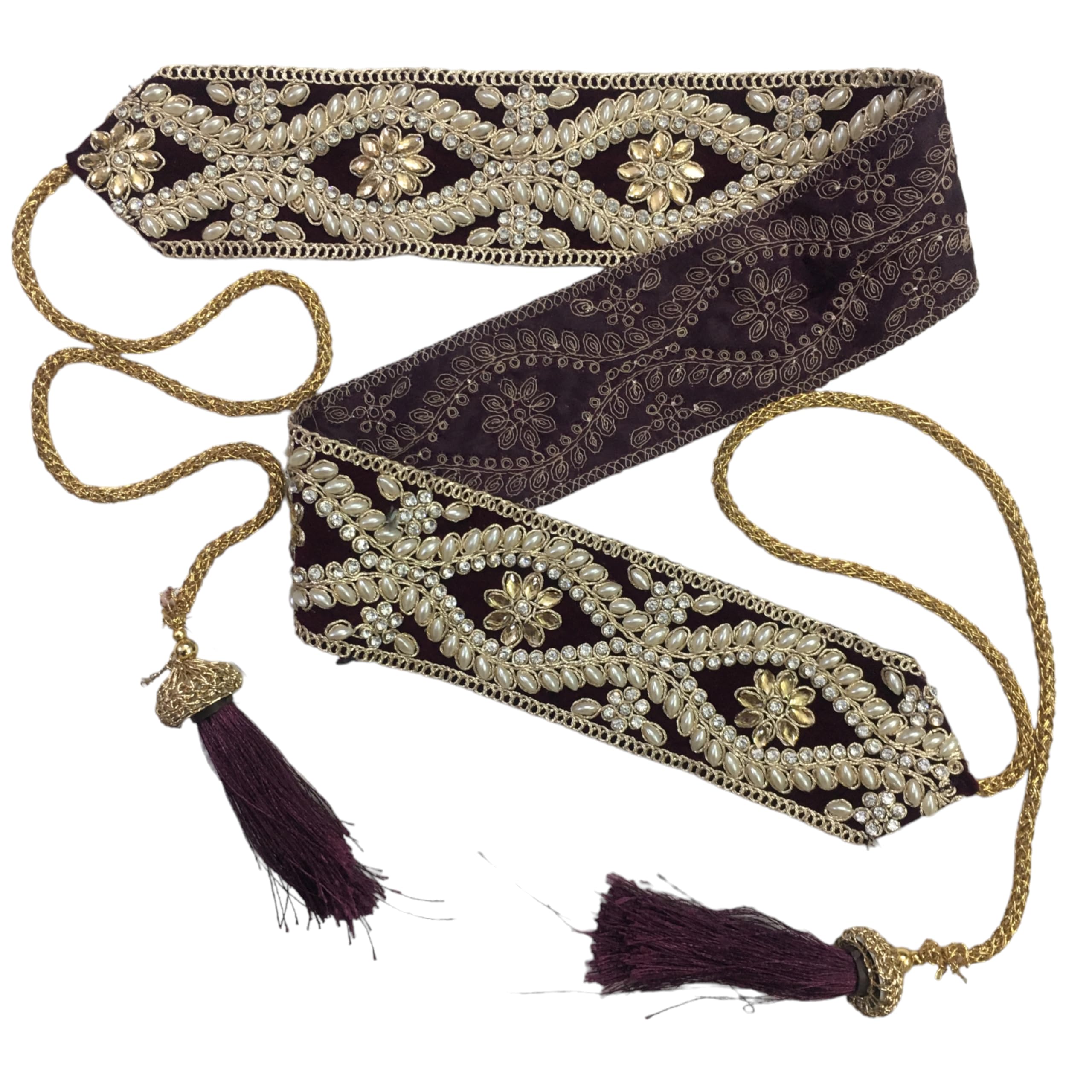Women's Wine Color Velvet Kamarband (Bridal Belt) with Golden Embroidery And Handmade Heavy Glue Stone Kundan(Adjustable) width 6.1cm /Waist Hip Belt/Lehnga Belts/saree belt-image-8