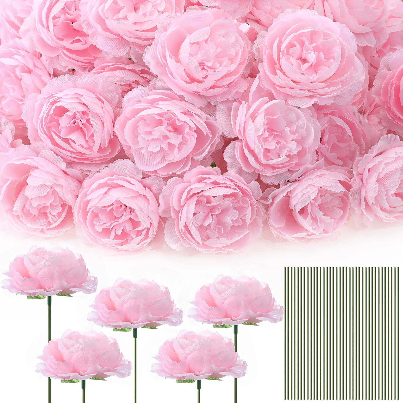 100 Pcs Flowers Long Stem Artificial Rose, 3.2 Inches Silk Rose Head Flowers Fake for Wedding Bridal Bouquet Independence Day Home Floral DIY Centerpieces Party Decoration(Light Pink)