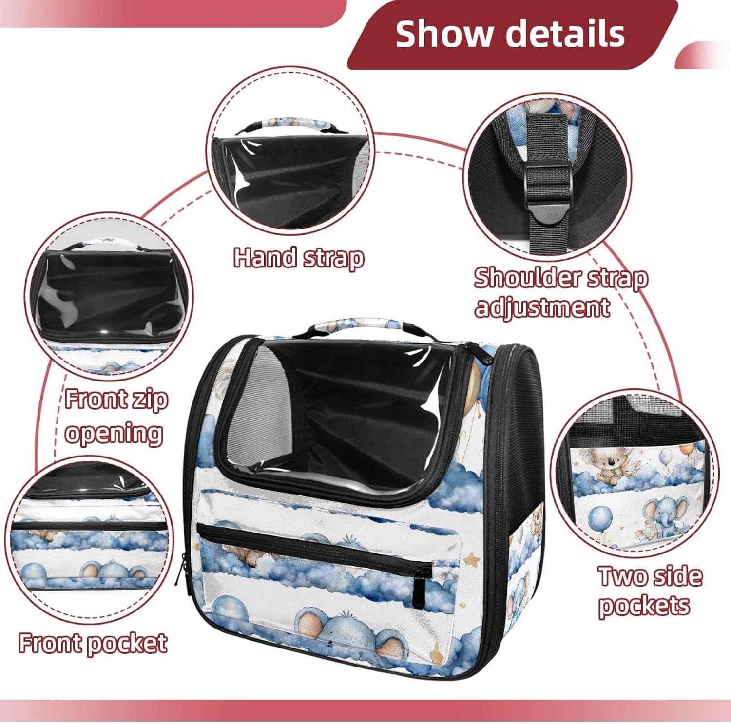 Cat Backpack Carrier for Small Dogs Cats, Soft-Sided Pet Carrier Backpack with Ventilated Mesh Windows and Safety Leash, Seamless Watercolor Cute Animals Koala and Elephant