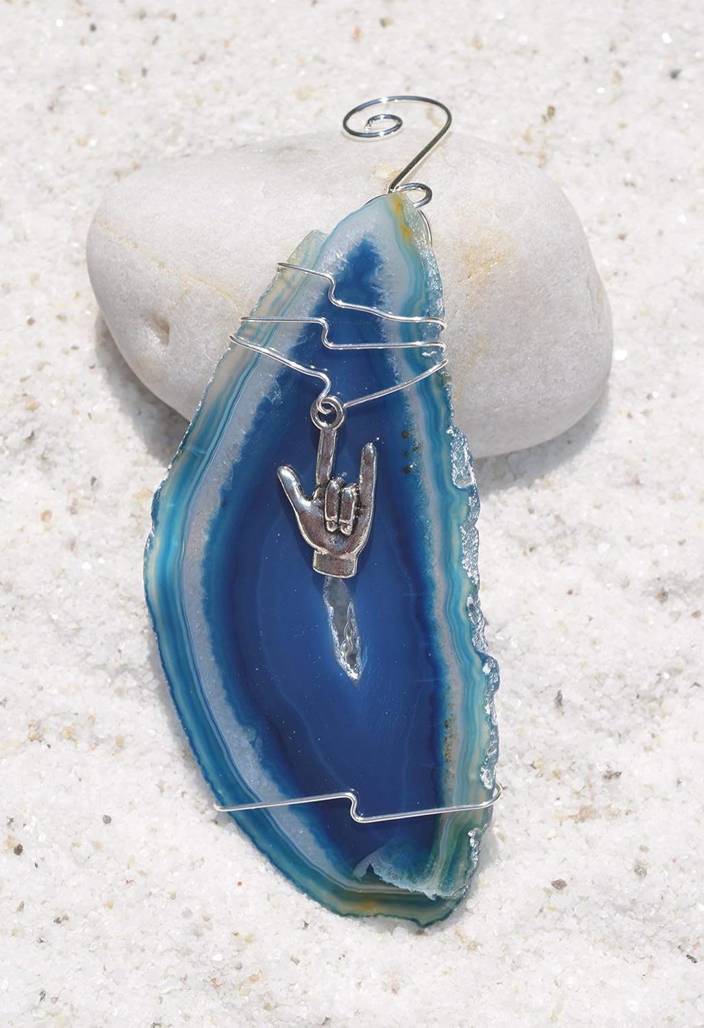 Custom Handmade Agate Slice Ornament with an I Love You Sign Language Charm - Choose Your Agate Slice Color: - Aqua, Pink, Purple, Blue, or Natural : Handmade Products