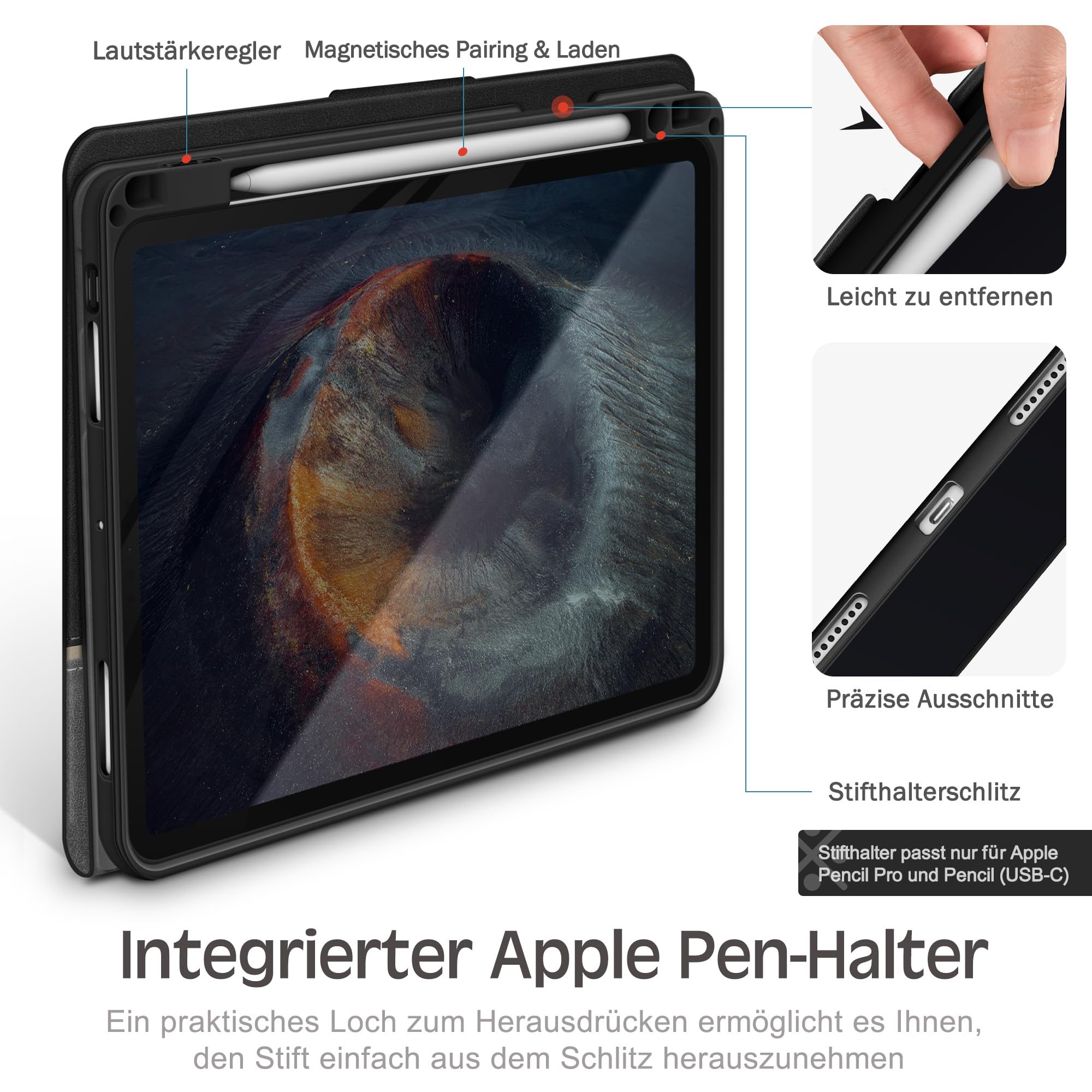 KingBlanc Hülle für iPad Pro 13 (M5 2025/M4 2024) Schwarz | Design im Notizbuchstil, Stifthalter, PU Leder, Verstellbarer Ständer, Auto Schlaf/Wach, Unterstützt Pencil Pro/USB-C