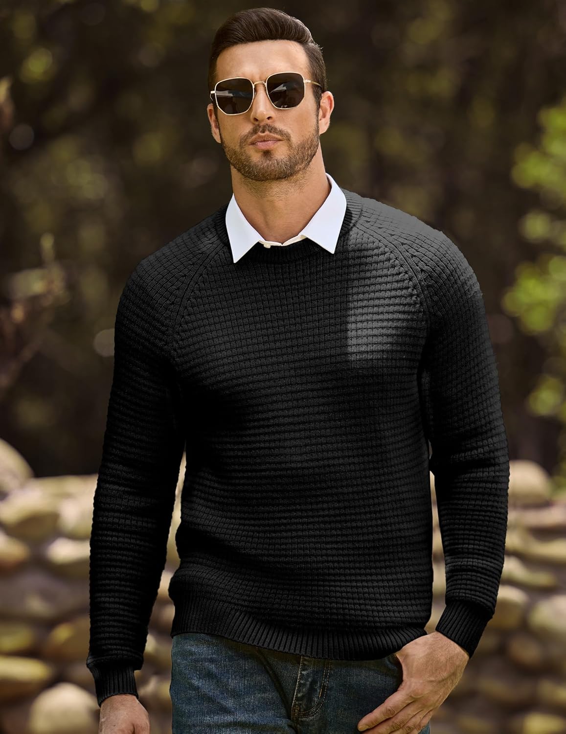 JMIERR Mens Crewneck Sweater Waffle Textured Knitted Solid Pullover Casual Daily Wear Soft 2025 Fashion Pullovers - Image 3