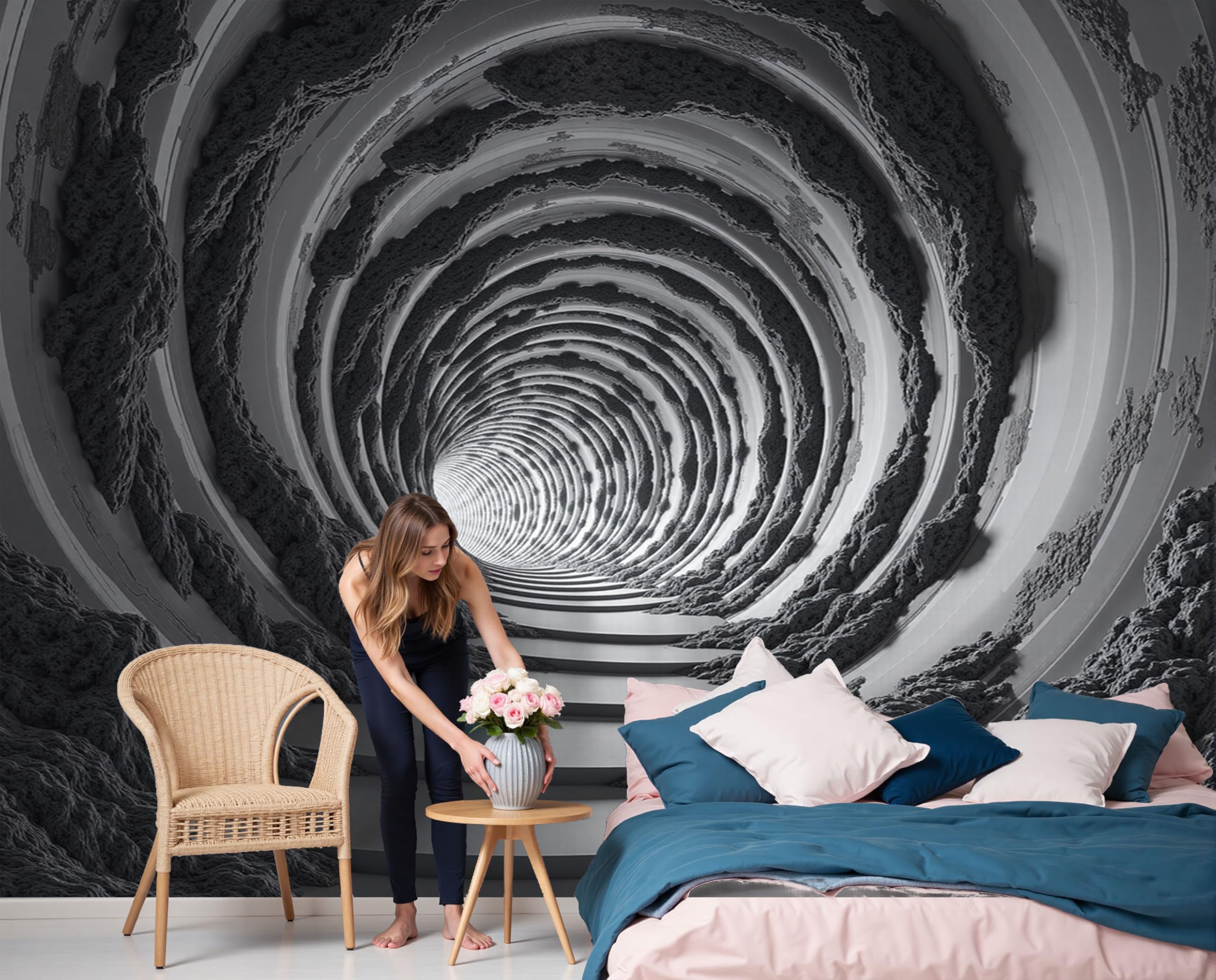 Carta Da Parati 3D Fotomurale Tunnel A Spirale 3D Illusione Visiva Fotografica Design Nero Per Pareti Camera Soggiorno Divano Tv Hotel Corridoio Sfondo Dipinto Murale 200X140Cm