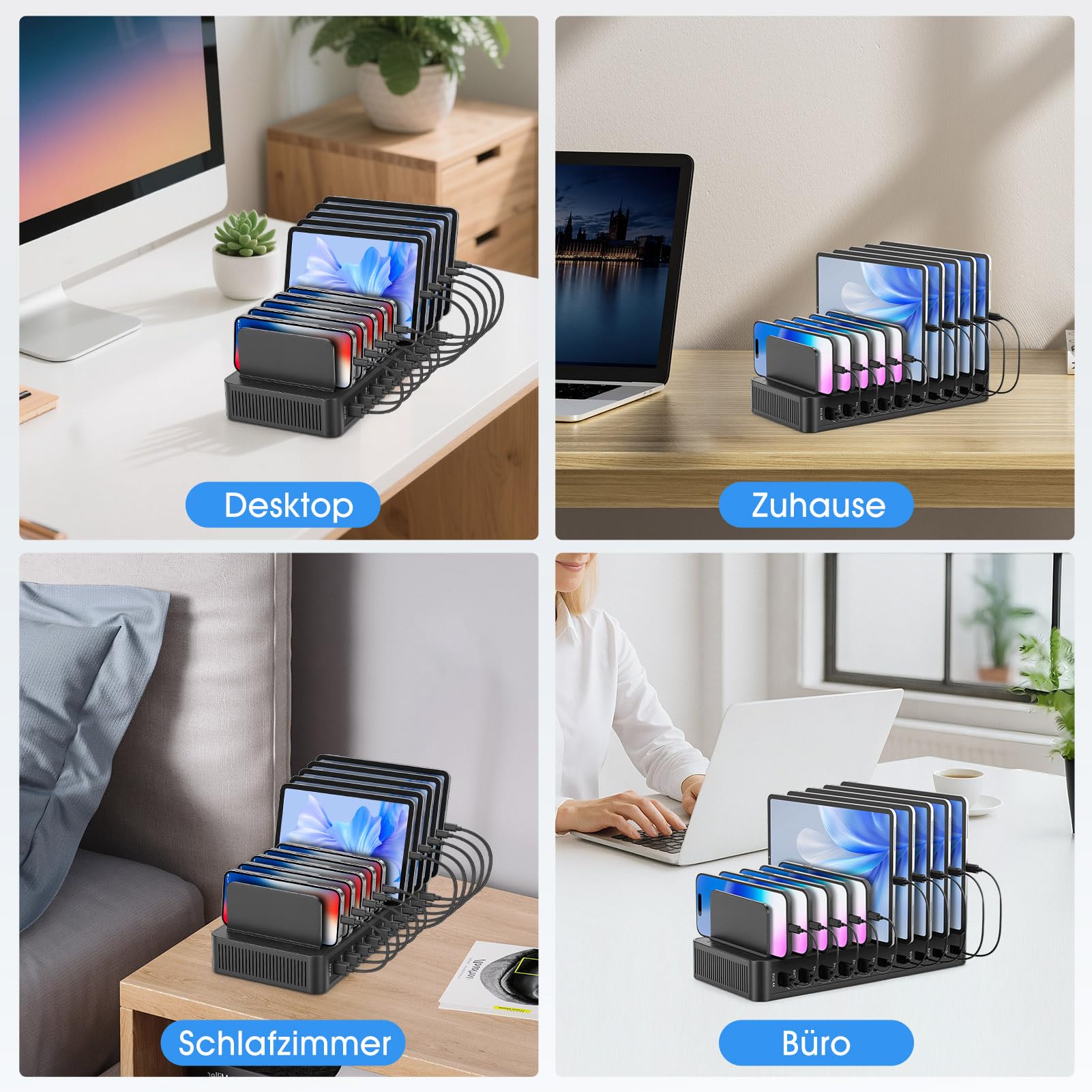 USB Ladestation Mehrere Geräte,10 Ports Ladegerät mit Trennwänden,Schwarz