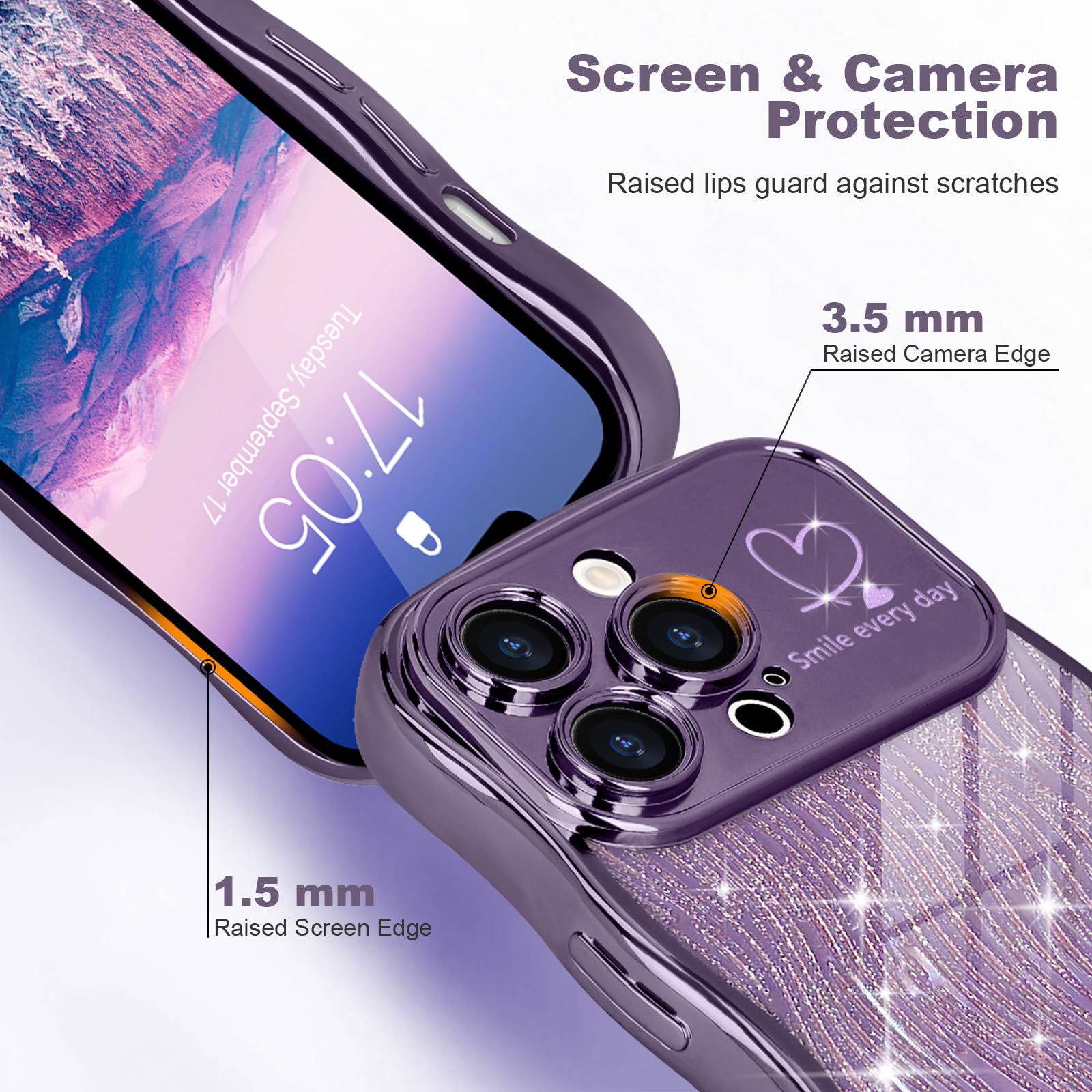 Wirvyuer Compatibile con iPhone 14 Pro Cover Glitter Onde Forma Ricciolo Custodia con per cellulare Carta Glitter Rimovibile Cover Trasparente Soft Silicone Case per iPhone 14 Pro Viola Scuro