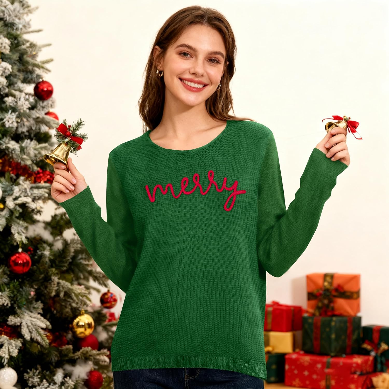 Christmas Sweaters Women Merry Letter Embroidery Hollow Out Knit Long Sleeve Shirt Holiday V Neck Crochet Pullover Top - Image 5