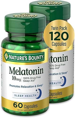 Nature's Bounty Melatonina, promueve la relajación y la salud del sueño, 10 mg, cápsulas, 60 unidades (paquete de 2)