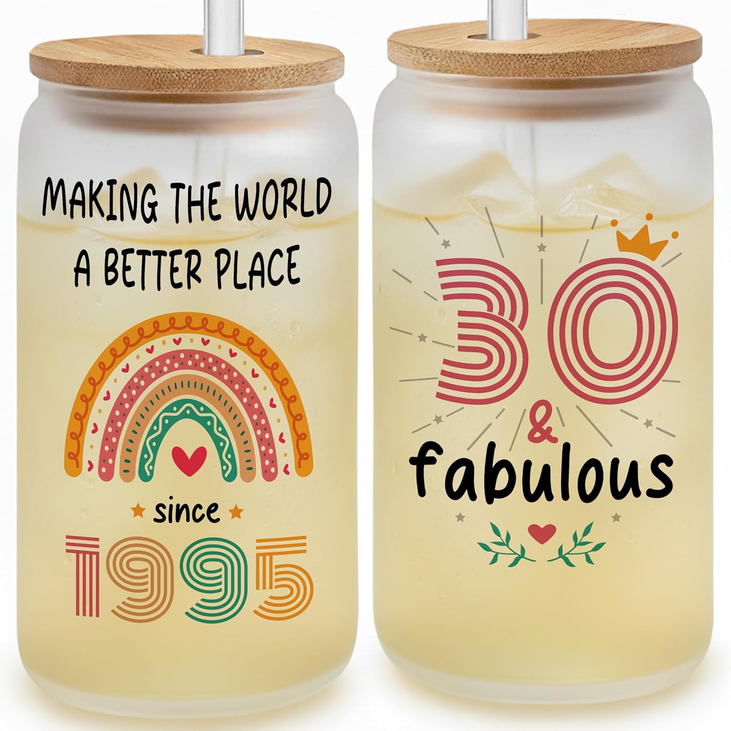 Vivulla68 30th Birthday Gifts For Women Men - 30 Year Old Gifts For Her Him - Thirty Birthday Ideas For Sister, Wife, Friend - 1995 Birthday Gift - 30th Frosted Glass Cup With Lid And Straw